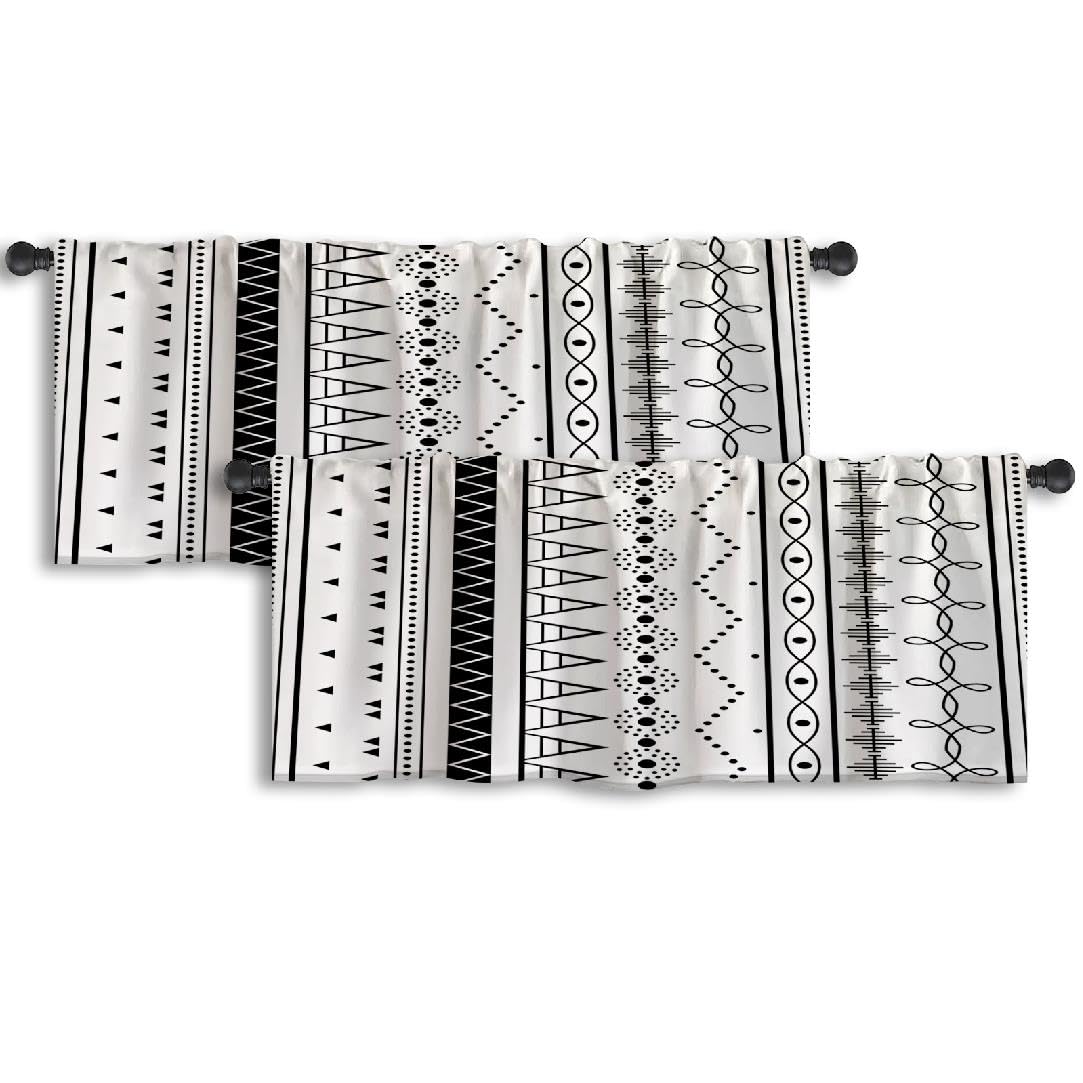LALILO Black White Kitchen Curtains Sets for Windows Valances Black and White Ethnic Boho Geometric Tribal Border Curtains for Kitchen Living Room Bathroom Window Set of 2, 52x18 Inch