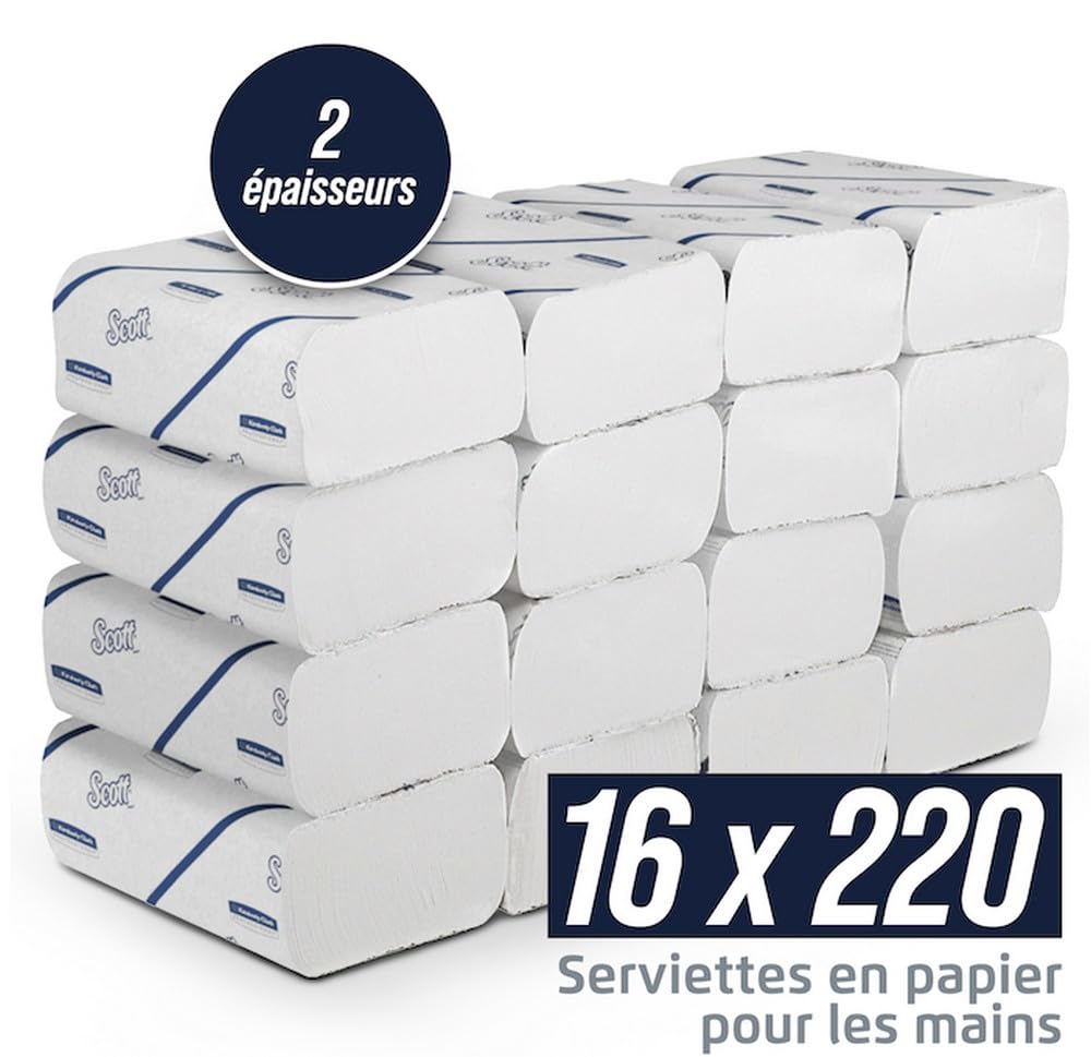 Essuie-mains Scott® Essential™ 6609 - Essuie-mains enchevêtrés pliés en V- 16 paquets x 220 essuie-mains en papier blanc (3 520 au total)