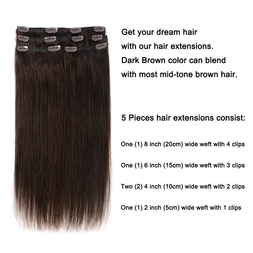 5 Pieces 20" Remy Clip in Hair Extensions Human Hair Dark Brown - Beauty Silky Straight Long Thick Real Hair Extensions for Women Fashion (20 inches, #2, 100grams)