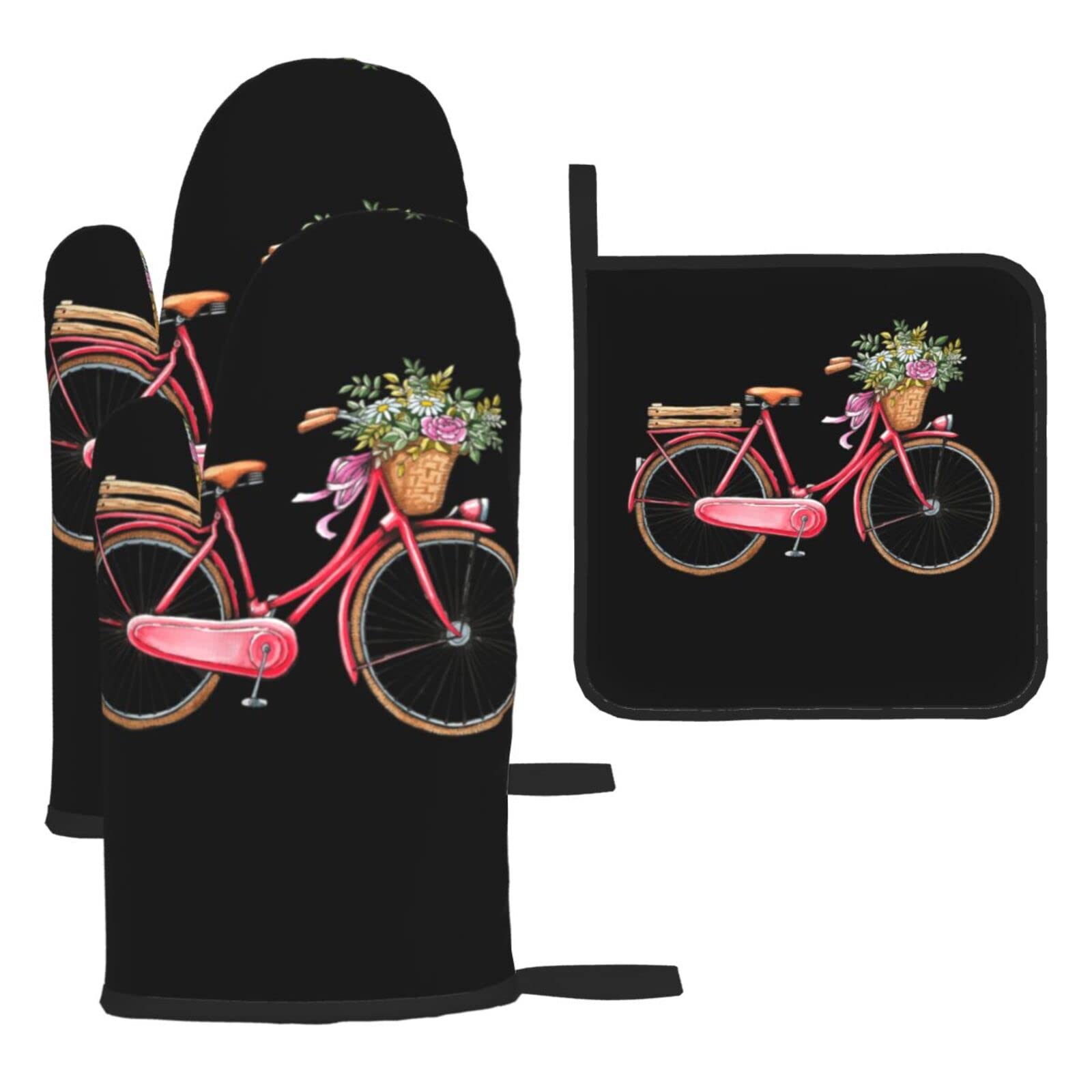Red Bicycle Oven Mitts and Pot Holder Kitchen Set for Grilling, Cooking, Baking, Heat Resistant