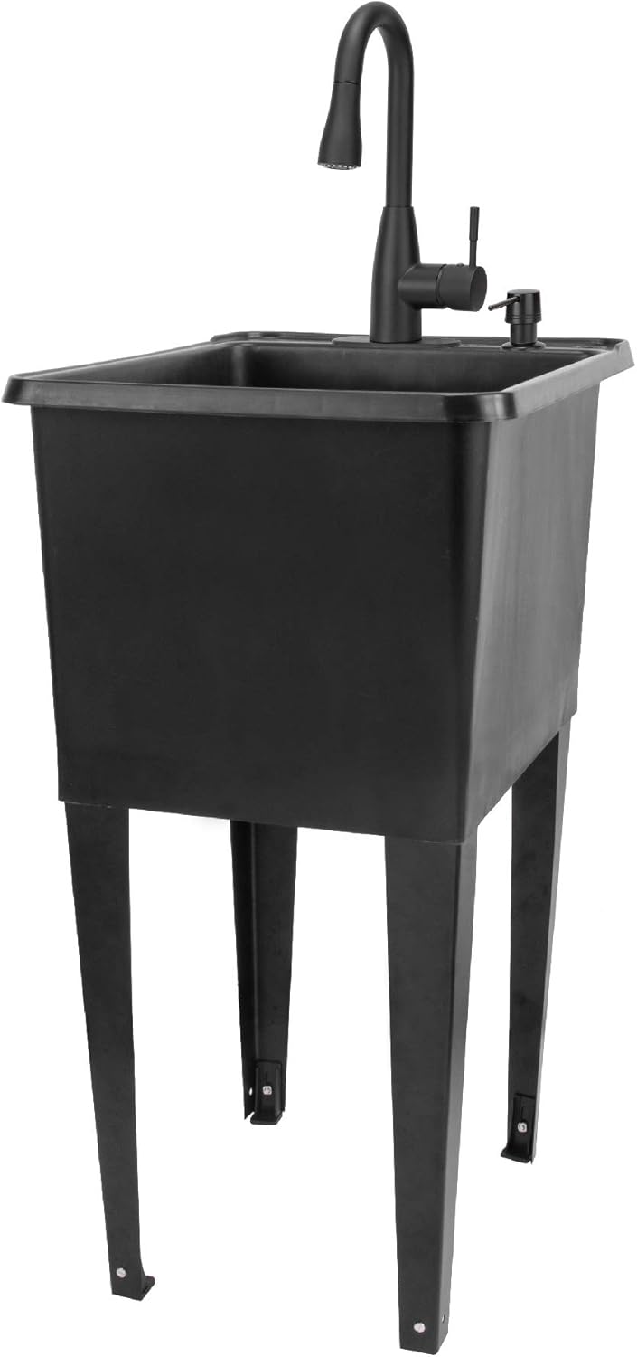 Black Space Saver Utility Sink by JS Jackson Supplies, Freestanding Tehila Space Saving Laundry Tub, Black Pull-Down Faucet, Soap Dispenser