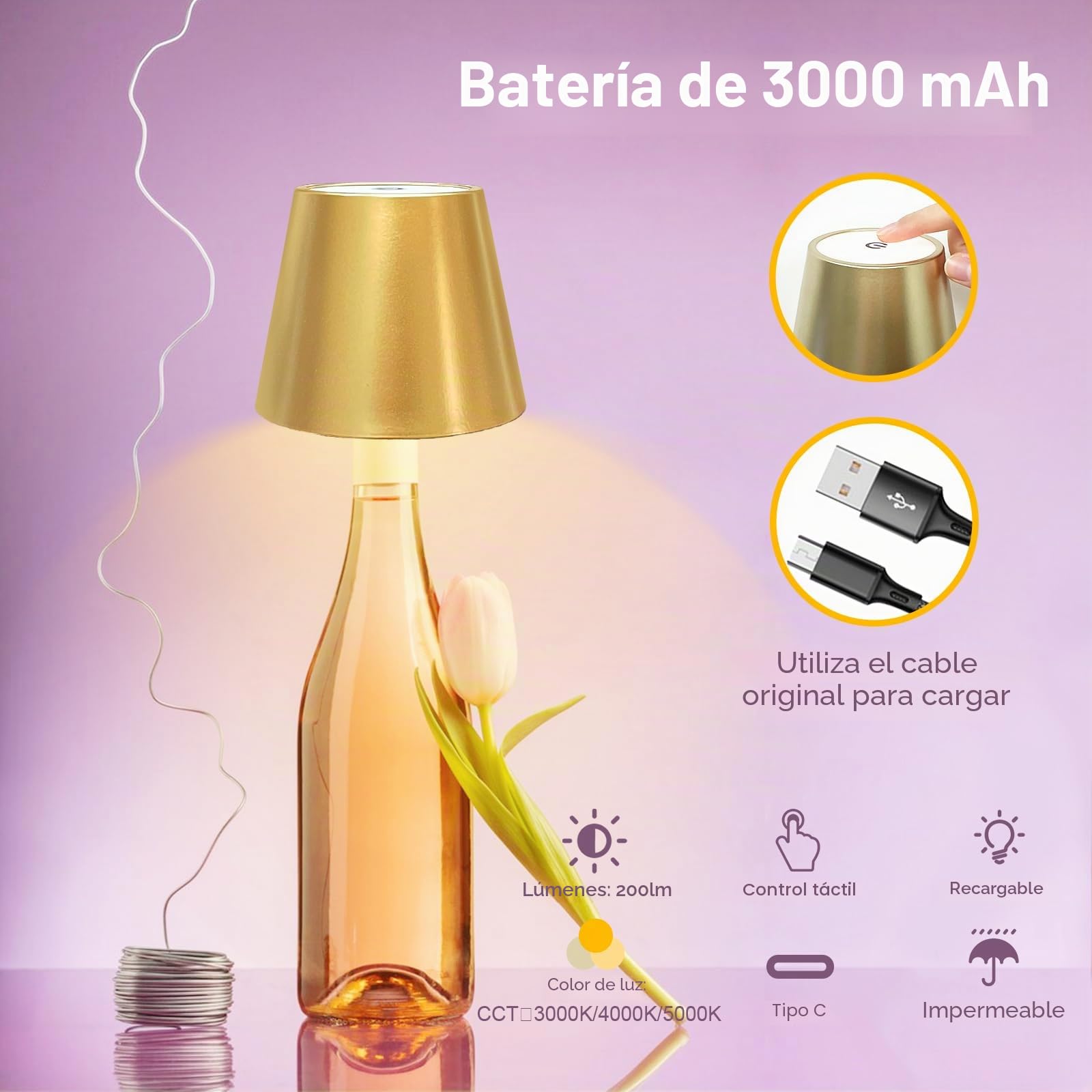 Lámpara de Mesa Inalámbrica Recargable 3000K/4000K/5000K Blanco Cálido/Frío ANTELA LED Atenuable Interior Exterior para Mesa de Comedor Balcón Jardín Terraza, Dorada, 2 Unidades
