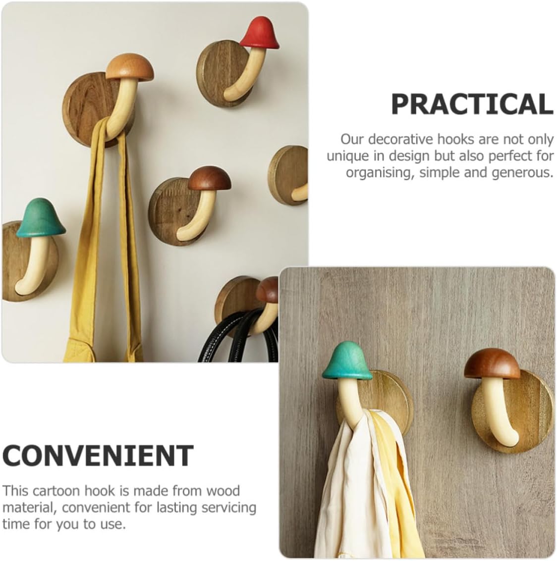 BESPORTBLE 4pcs Wood Mushroom Wall Hooks for Bathroom and Kitchen, Adhesive Coat Hanger Hooks Made of Solid Wood, Minimalist and Modern Design for Organising and Hanging Small Items