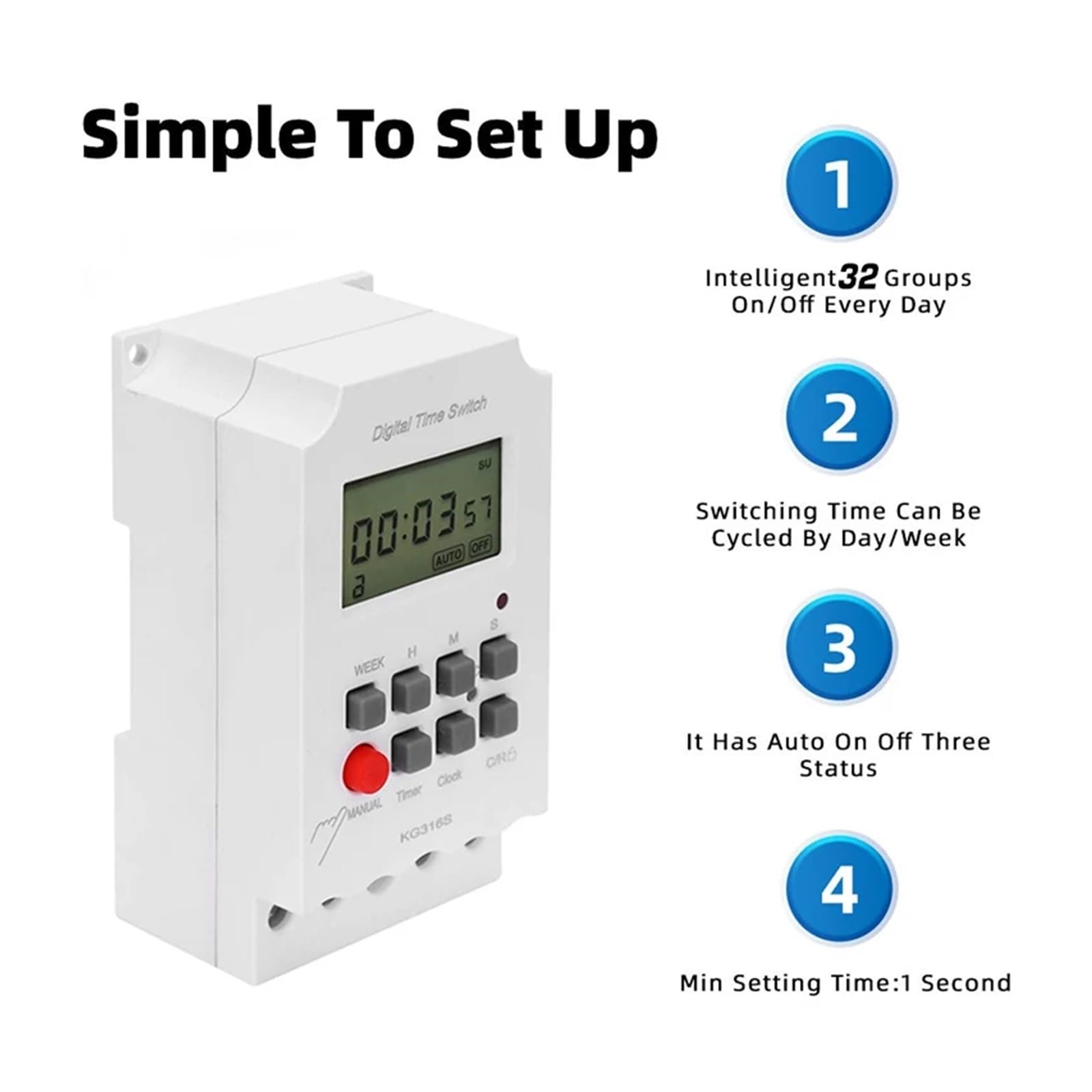 Interruttore Timer elettronico Digitale for Illuminazione, carico Elevato 25A 12V CC Timer settimanale Intervallo di 1 Secondo Uscita di Alimentazione Diretta