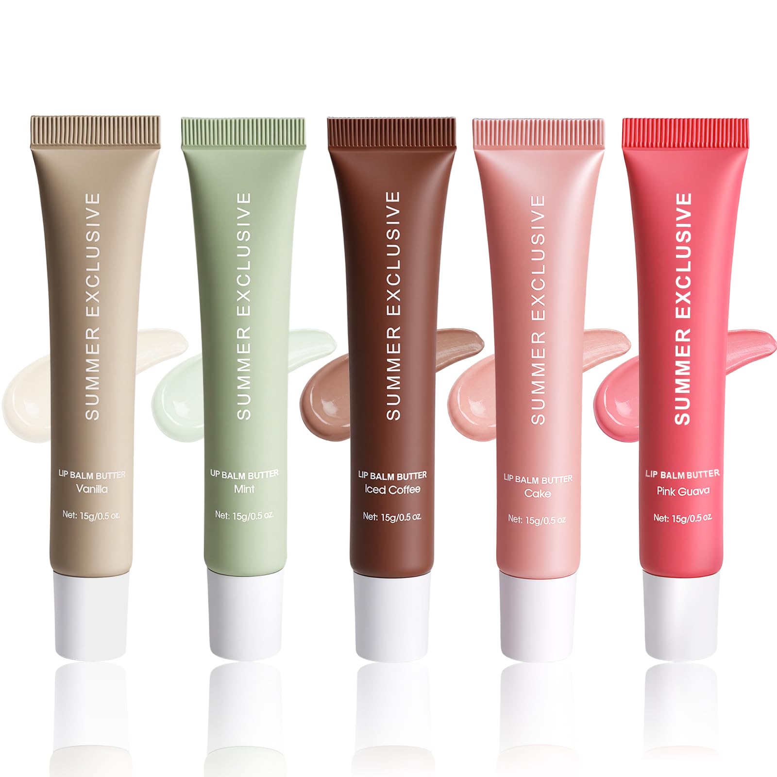 5 Pcs Summer Tinted Lip Balm Butter - Natural Shea Butter & Olive Oil, Lightweight Hydrating & Non-Sticky, Soothes & Softens Dry Chapped Lips, Lip Gloss Gift Set for Girls, 0.5 Fl Oz