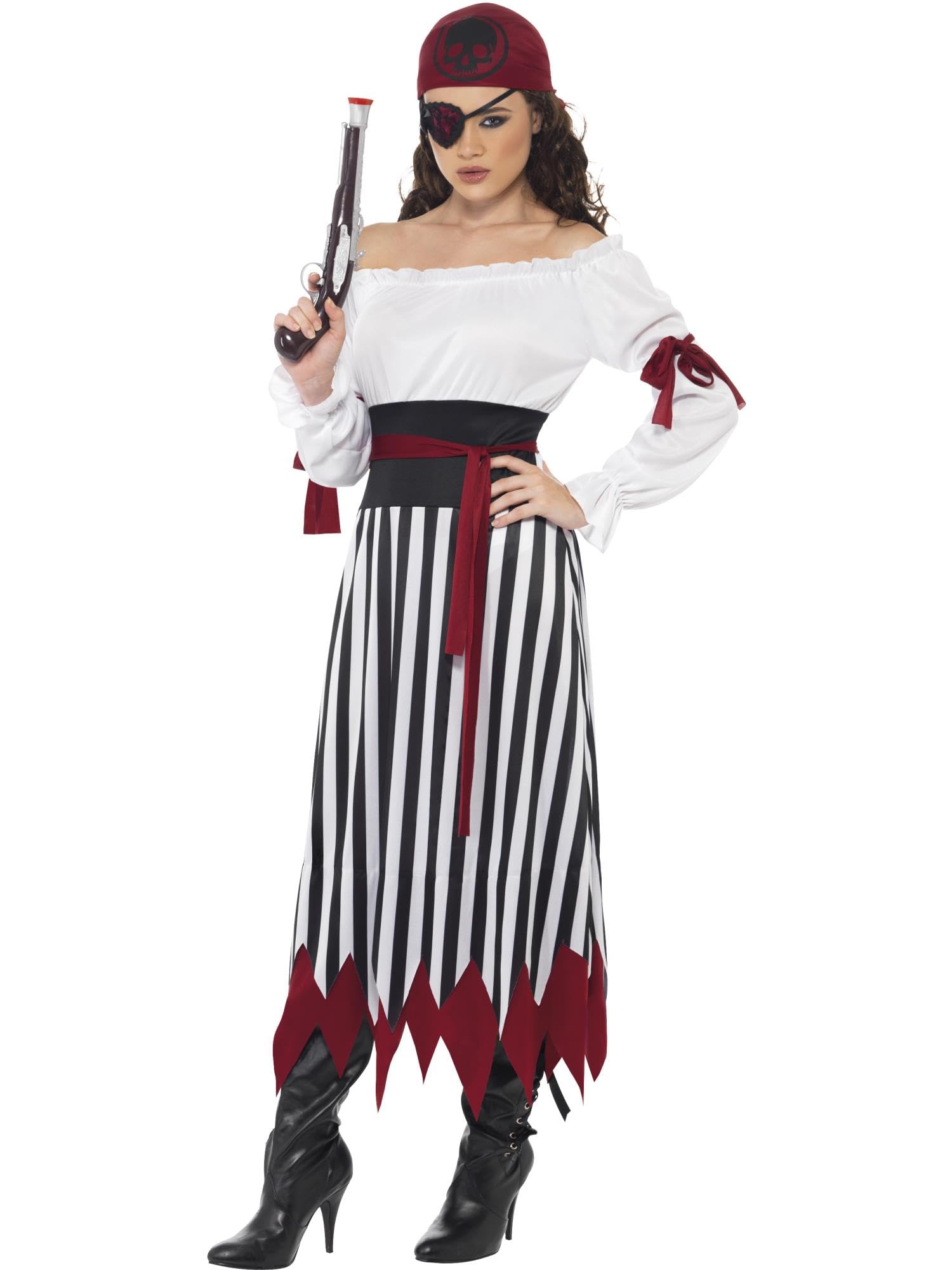 Smiffys Pirate Lady Costume, Black & White Dress with Arm Ties, Belt and Headpiece, Fancy Dress, Adult Dress Up Costumes