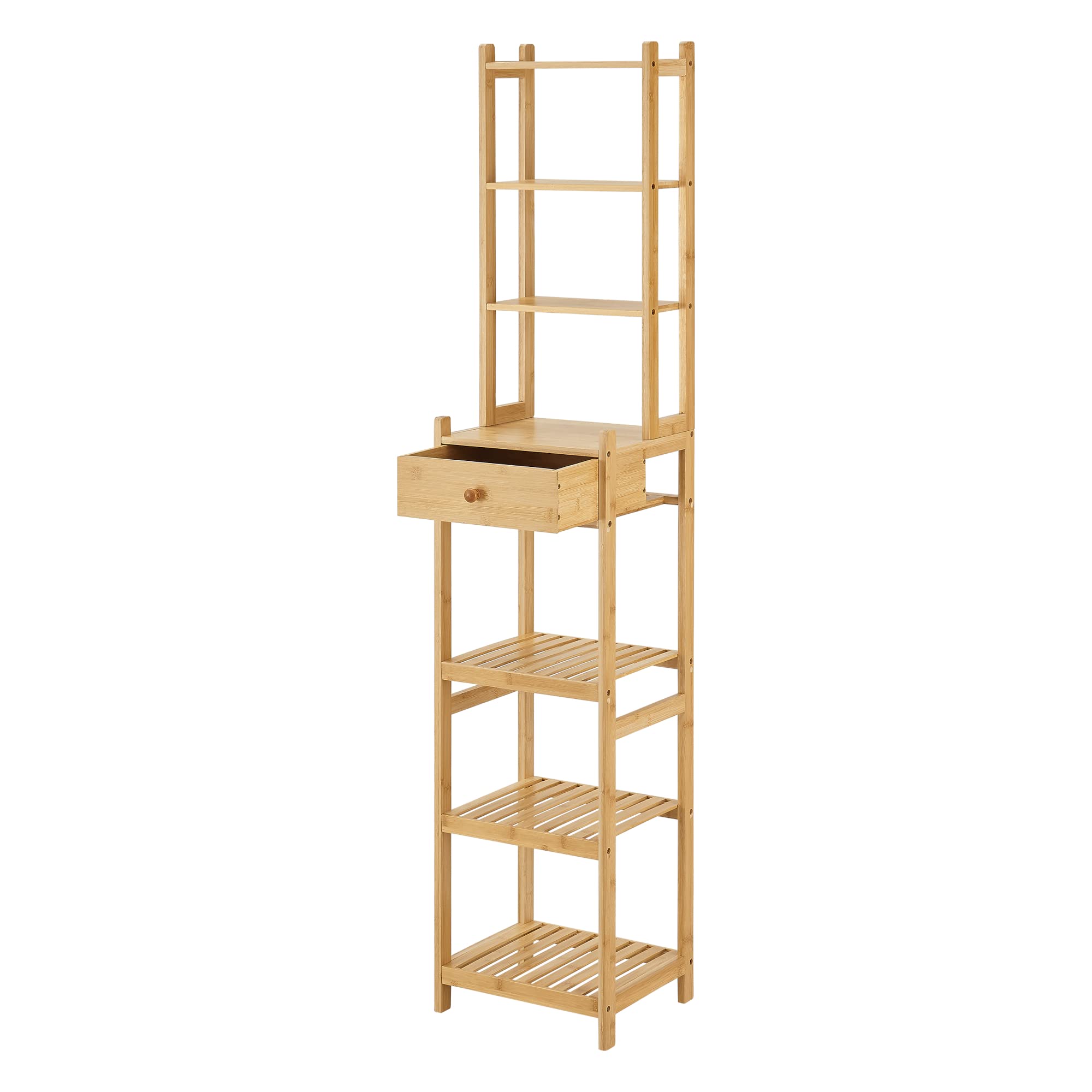 [en.casa] Étagère à 7 Niveaux Surface de Stockage de Tailles Différentes Meuble de Rangement avec Tiroir pour Salle de Bain Cuisine Entrée Bambou 163 x 33 x 28 cm Naturel