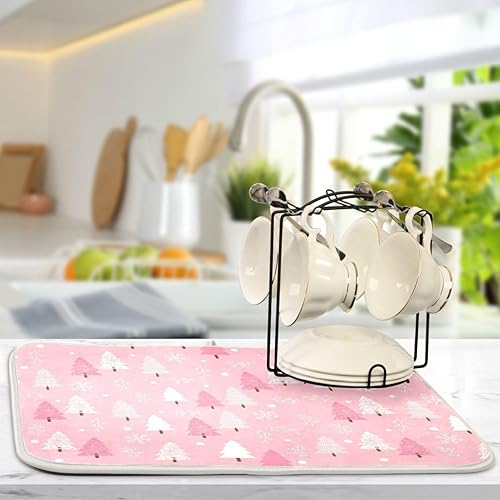 Miniatura 5 de Tapete de secado de platos rosa para árbol de Navidad para cocina, tapete de secado de microfibra de copos de nieve, absorbente y reversible, tapete