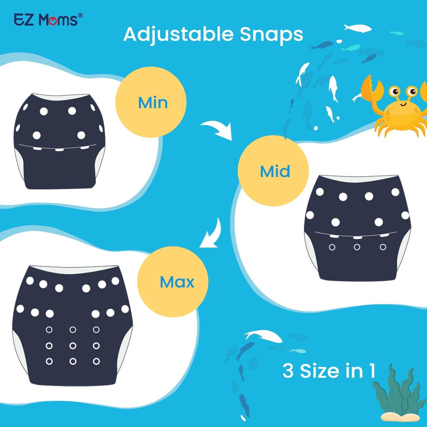 EZ Moms Baby Swim Diapers Reusable 2Pcs Snap One Size Adjustable Washable Newborn Infant Swim Diaper with a Shammy Towel for Baby Boy Water Diaper Waterproof Swimming Diapers for Swimming Lessons - Image 5