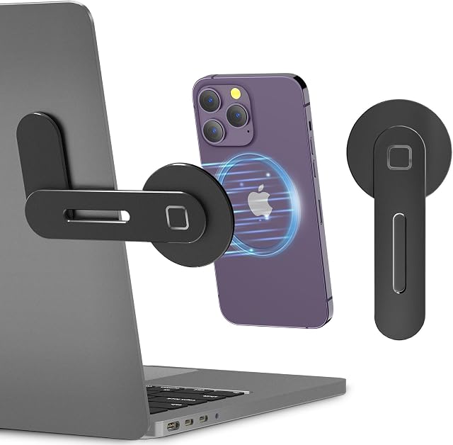 CloudValley Adjustable Laptop Stand, Magnetic Phone Holder, Aluminum Slim Computer Monitor Side Mount Clip for iPhone MagSafe Series & All Phones, Portable Foldable Computer Expansion Bracket, Black