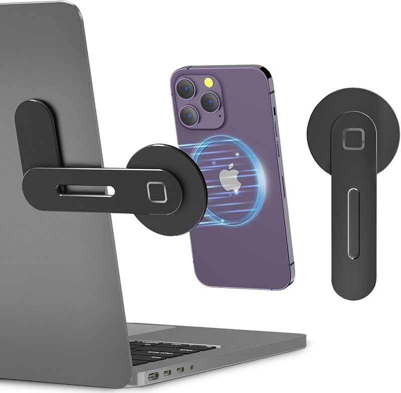 CloudValley Adjustable Laptop Stand, Magnetic Phone Holder | Aluminum Slim Monitor Side Mount Clip for iPhone MagSafe & All Phones, Portable Foldable Computer Expansion Bracket, Black