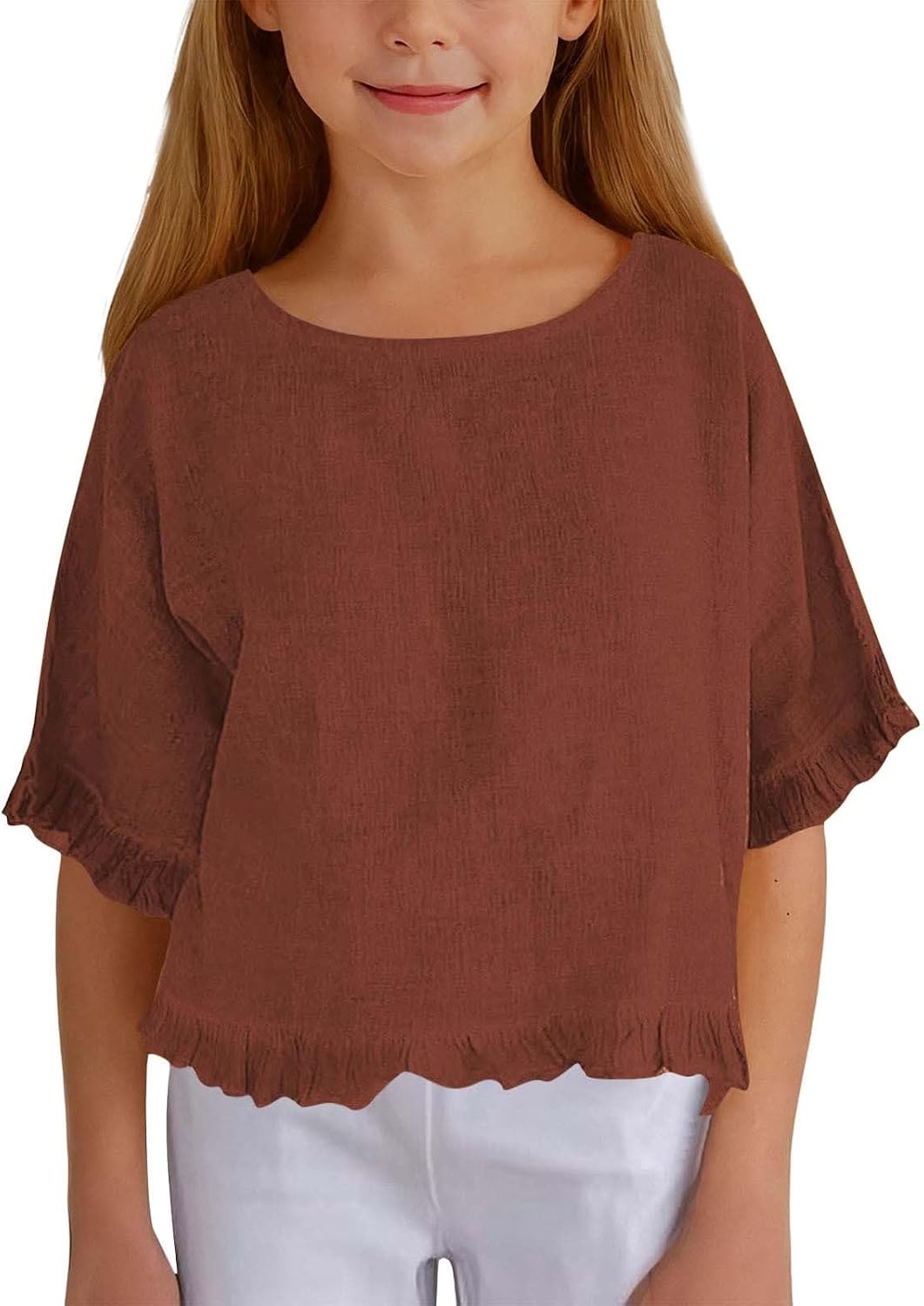 Girls Cotton Linen Cropped Tops Ruffle Elbow Sleeve Blouse Oversized T-Shirt Elegant Blouse Crewneck Tees Cute T-Shirt