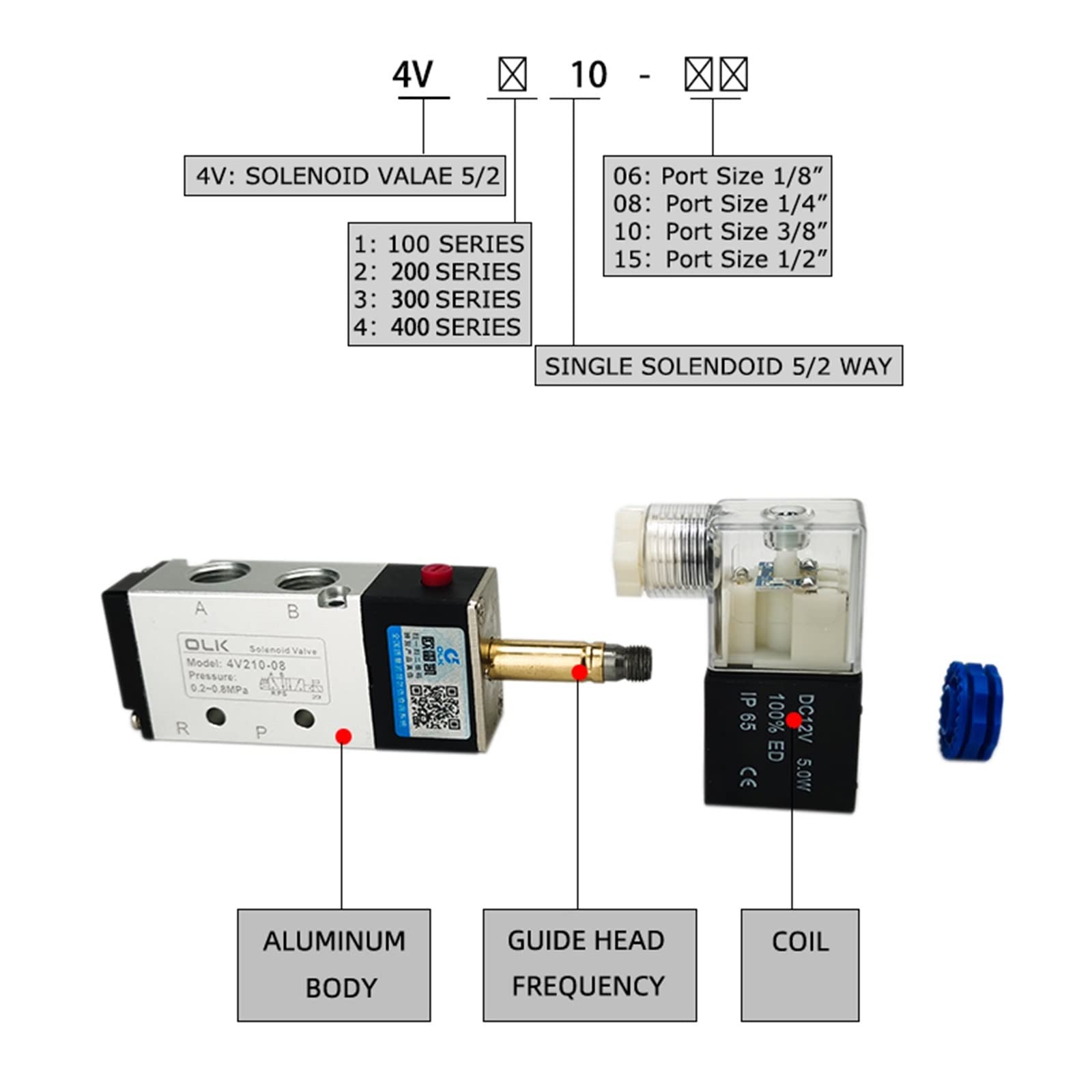 4V210-08 4v110-06 Válvula de Aire neumática de 5 vías 5/2 Controlador electromagnético DC12V DC24V AC110V AC220V 4V310-10(4V110-06,DC24V)