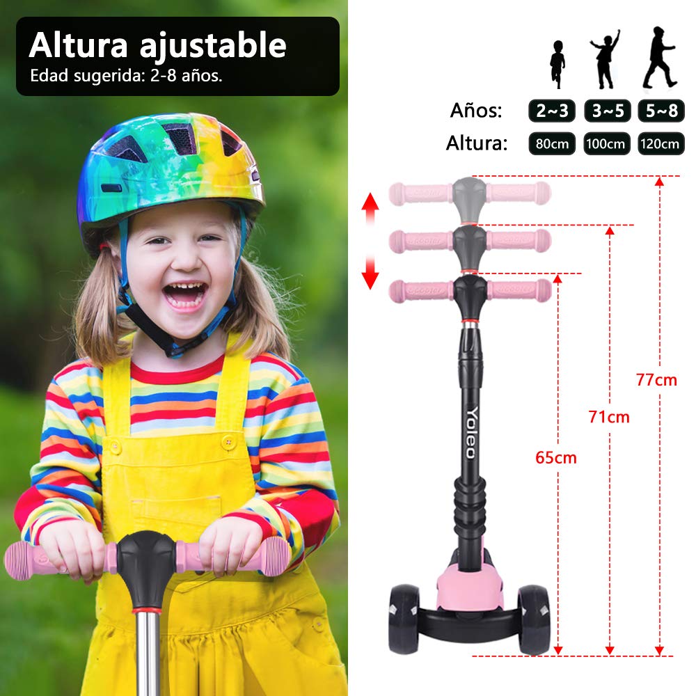 YOLEO Patinete para Niños 3-en-1, Scooter 3 Ruedas LED Parpadeantes, Scooter para Niños con Manillar Ajustable Asiento Extraíble de 2 a 8 años, Carga Máxima de 50 kg