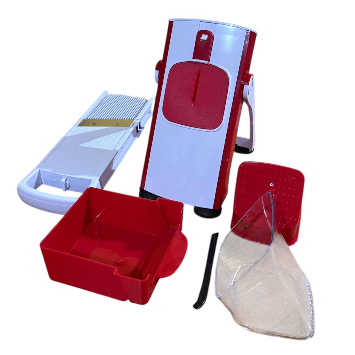 Affettatrice Verticale Professionale, Slycer per Salumi Formaggi e Carni, Rosso e Bianco, con Lama in Acciaio, Manico Estraibile, Base Stabile Antiscivolo