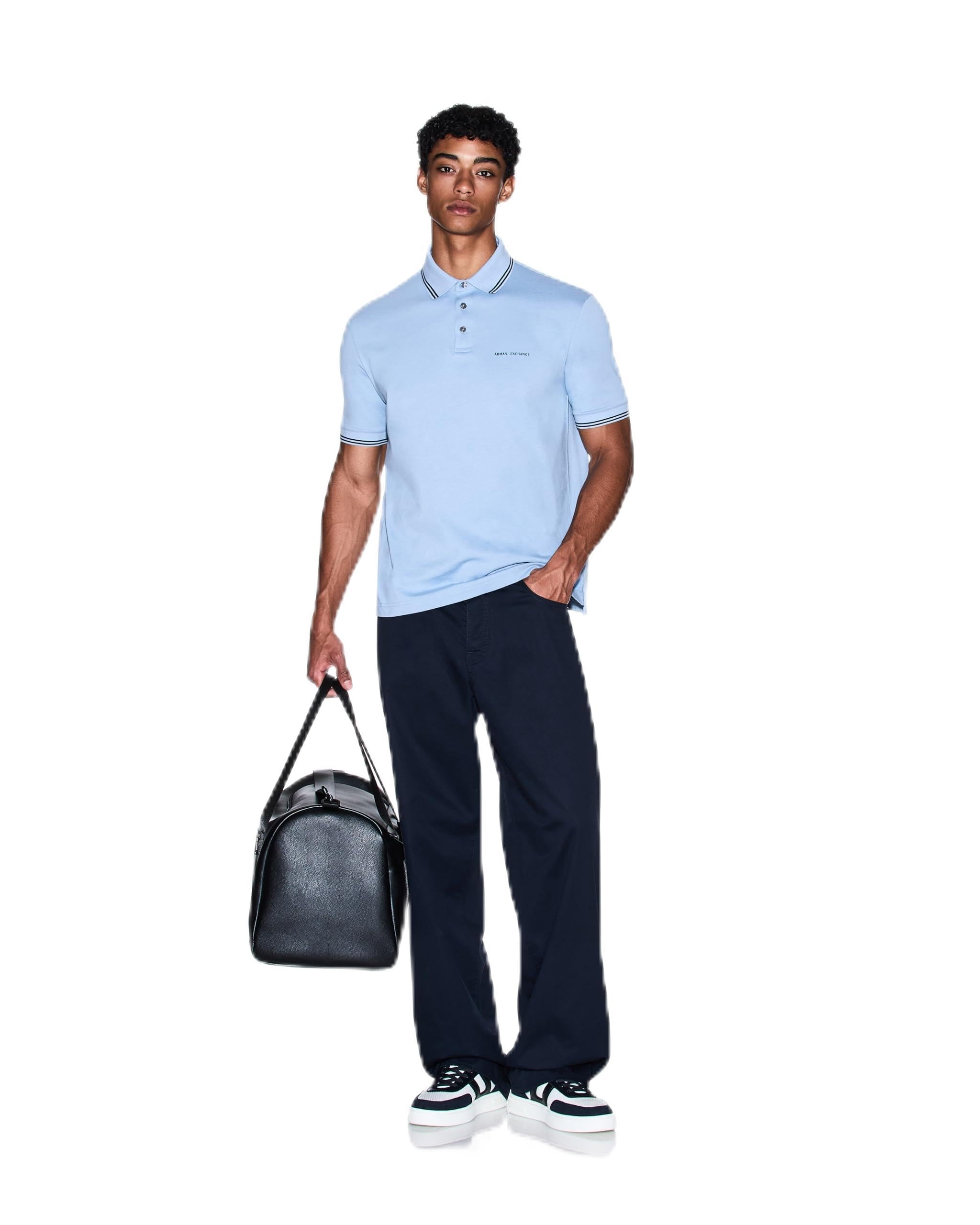 Armani Exchange Men's Faded Denim Small Text Logo Pique Polo Shirt, L