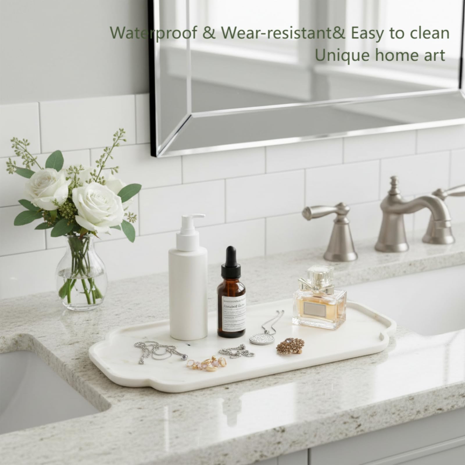 Marmor Vassoio da bagno in vero marmo naturale per profumi, candele, gioielli in pietra, organizer per bagno e cucina, decorazione per la casa (piatto lungo in pizzo marmo dorato Calacatta)