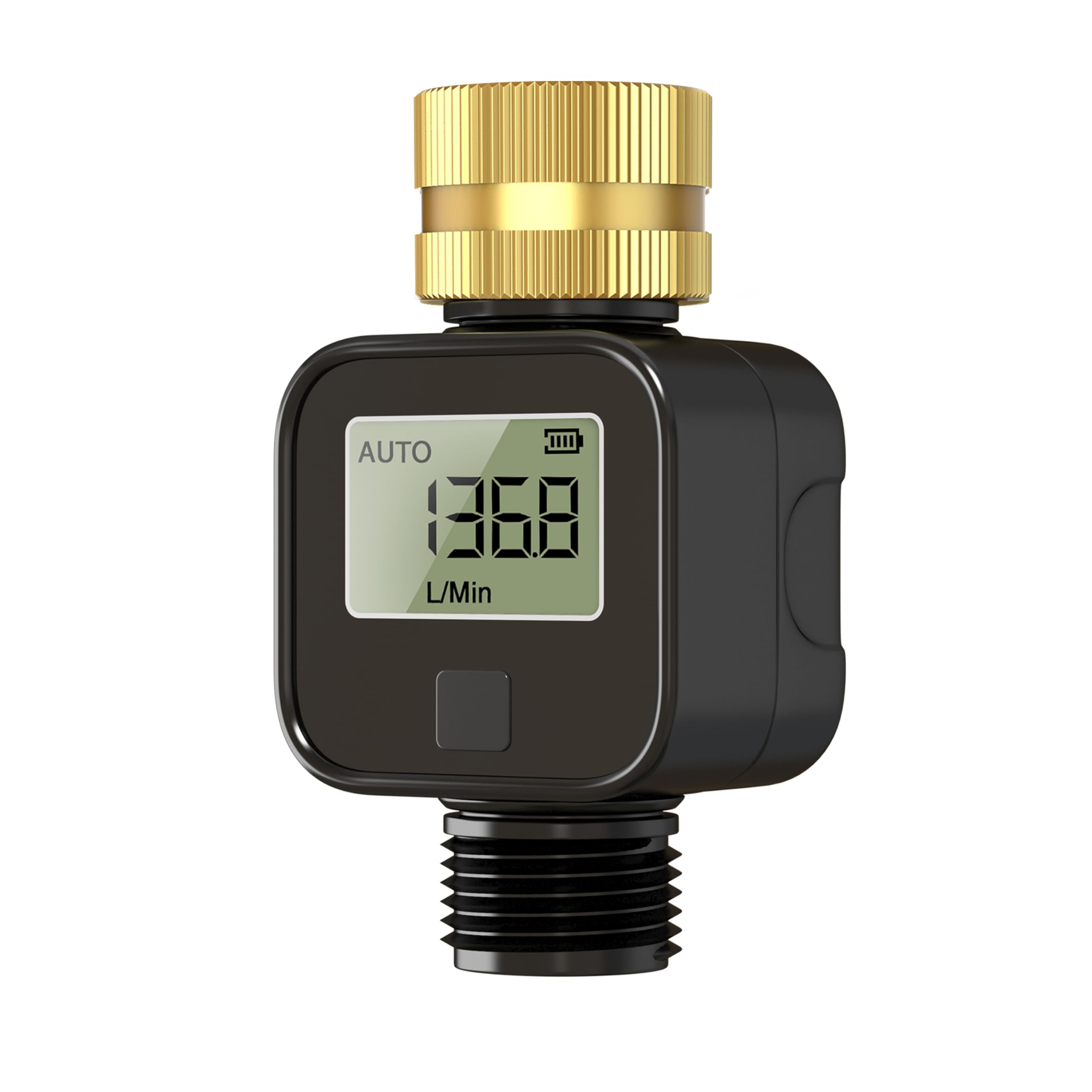 Water Flow Meter with Brass Metal Thread, Measures Gallons/Liters & Flow Rate – Ideal for RV Water Tank Filling, Garden Hose Watering, Lawn Sprinklers & Nozzle Sprayers