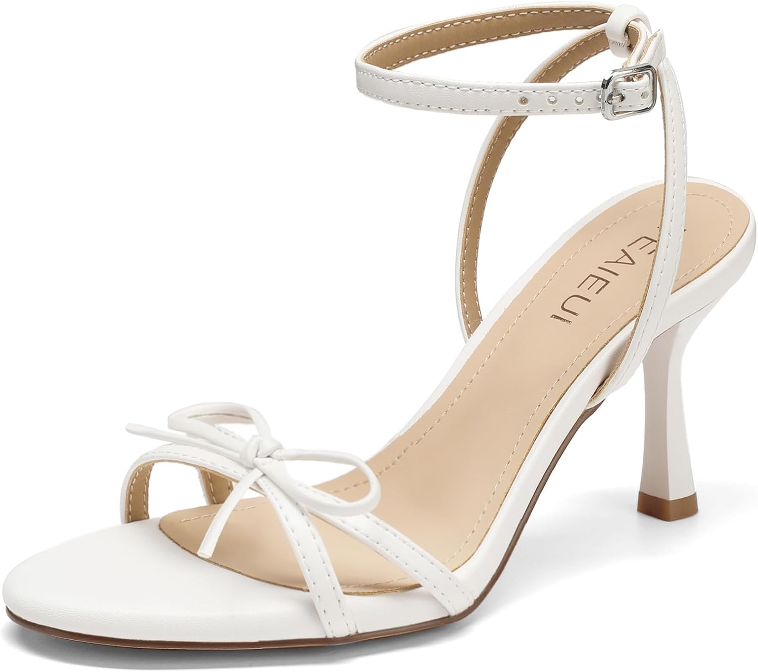 TEAIEUI Kitten Heels for Women, Round Open Toe Heeled Sandals, Strappy Ankle Strap Shoes with Bow for Dress, Party, High Heel 2.9 inch