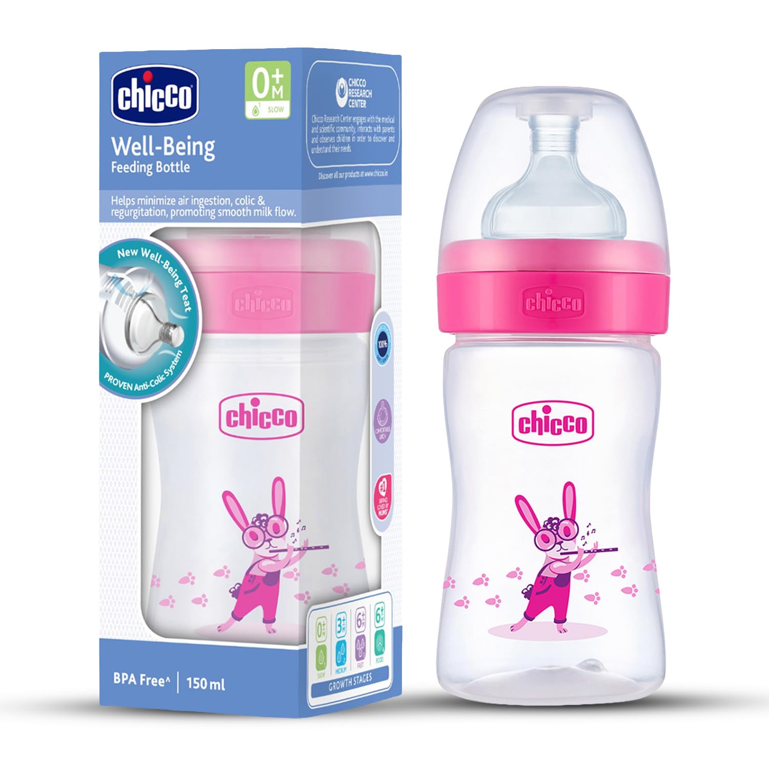 Chicco Wellbeing PP Feeding Bottles Jungle Music 150ml (Pink) I Proven Anti-Colic System I Comfortable Latch I Soft Silicone I Food Grade I BPA Free I Wide Neck I New Born I Slow Flow | 0+ Months-picture-20