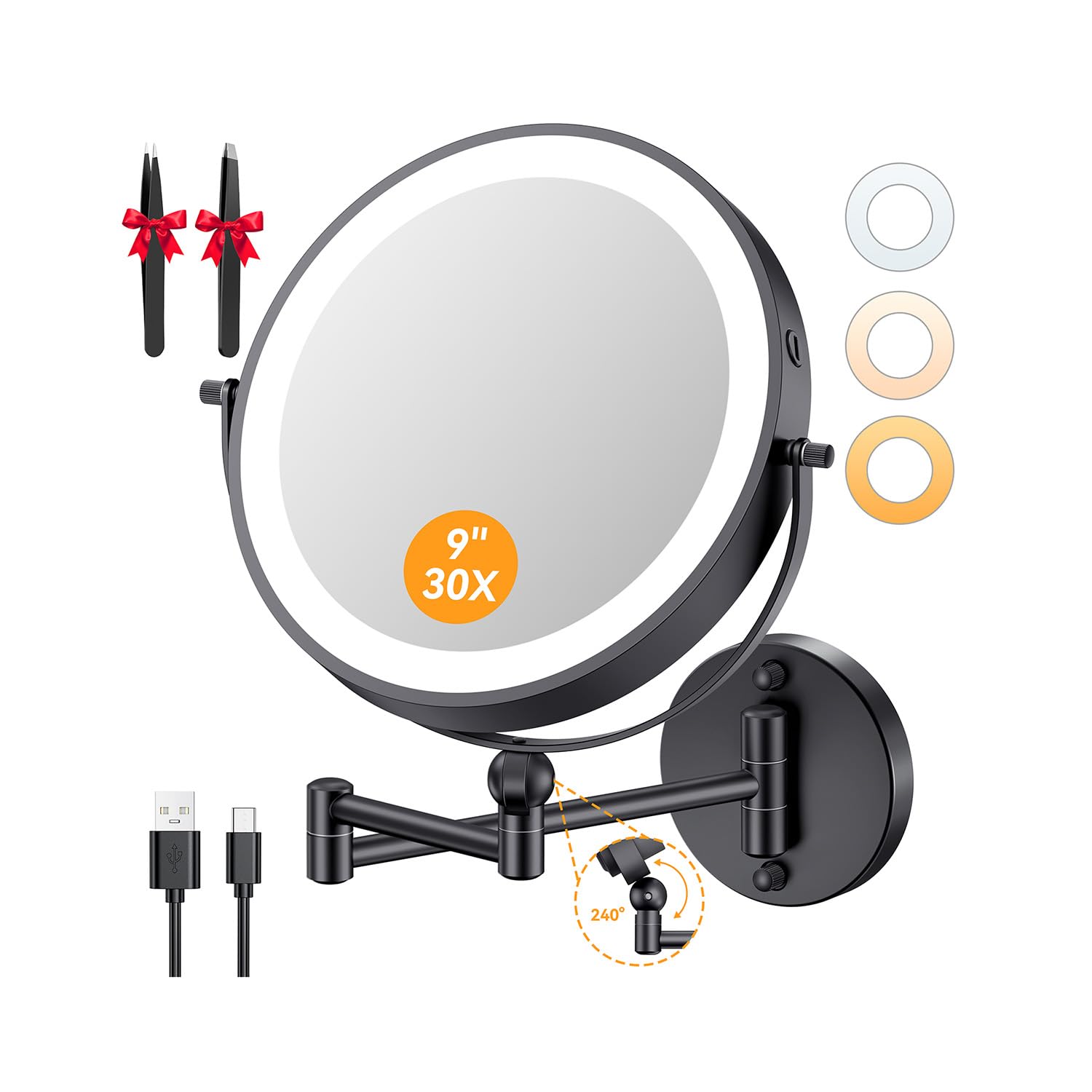 Auxmir 9'' Wall Mounted Lighted Makeup Mirror, 5000mAh Rechargeable Double Sided 30X/1X Magnifying Mirror, Height Adjustable, 360° Swivel Dimmable Shaving Mirror with Extendable Arm for Bathroom