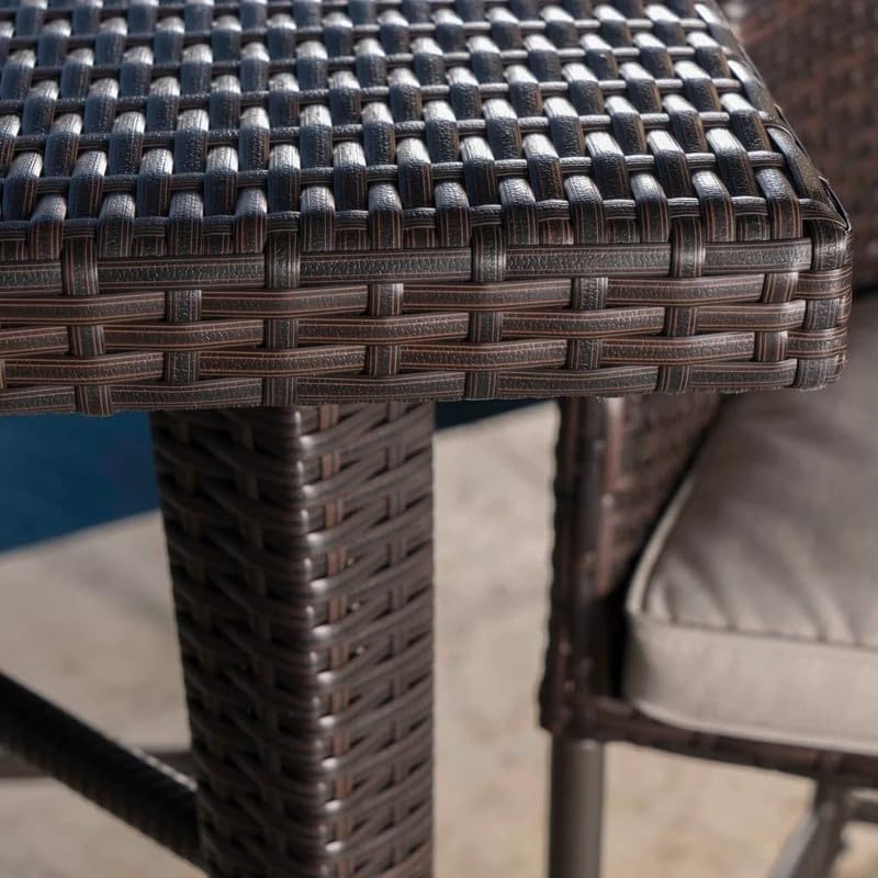 Image of OUTLIVING Patio Rattan Wicker Counter Height Square Bar Table With 4 Chairs and Cushion | Multipurpose 4 Seater Outdoor Bar Set Furniture for Backyard, Garden, Balcony, Poolside, and Courtyard (Brown)