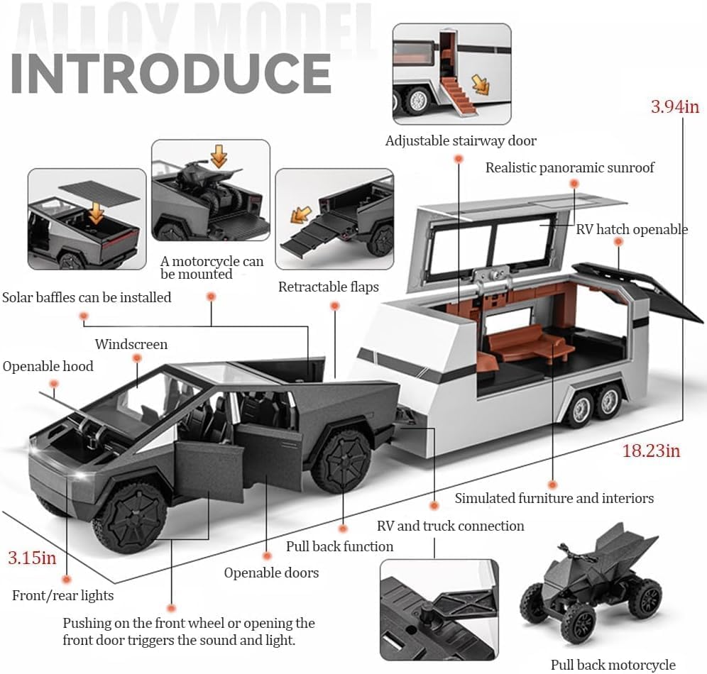 Image of VARIYA ENTERPRISE Exclusive Alloy Metal Pull Back Die-Cast Car Diecast Metal Pullback Toy Car with Openable 6 Doors,Light Music Boys Gifts Toys (1:32 Trailer-Tesla cybertruck)