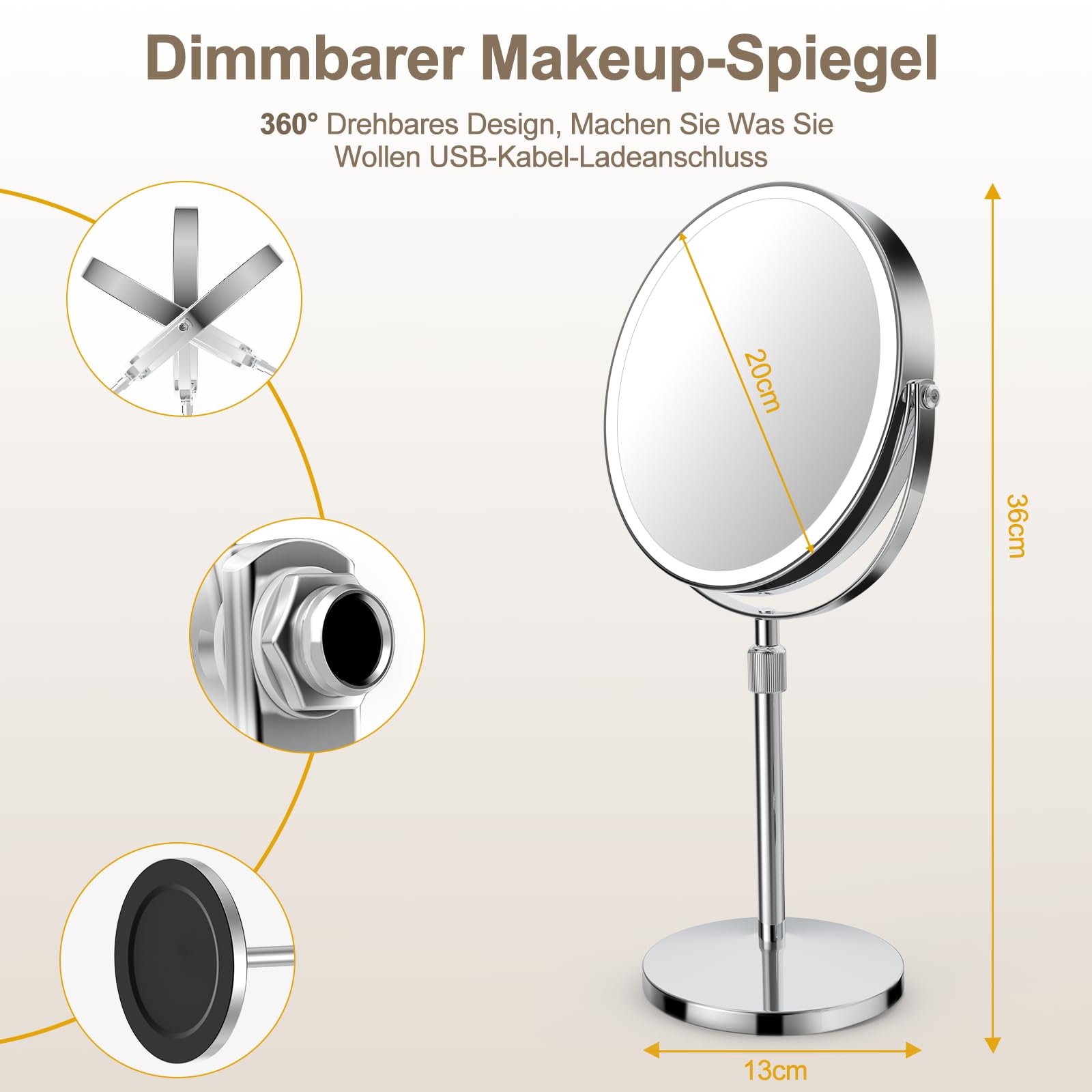Specchio Da Trucco LED 20,3 Cm Con Ingrandimento 1x/10x – Ricaricabile, 3 Luci, Rotazione 360° - 2