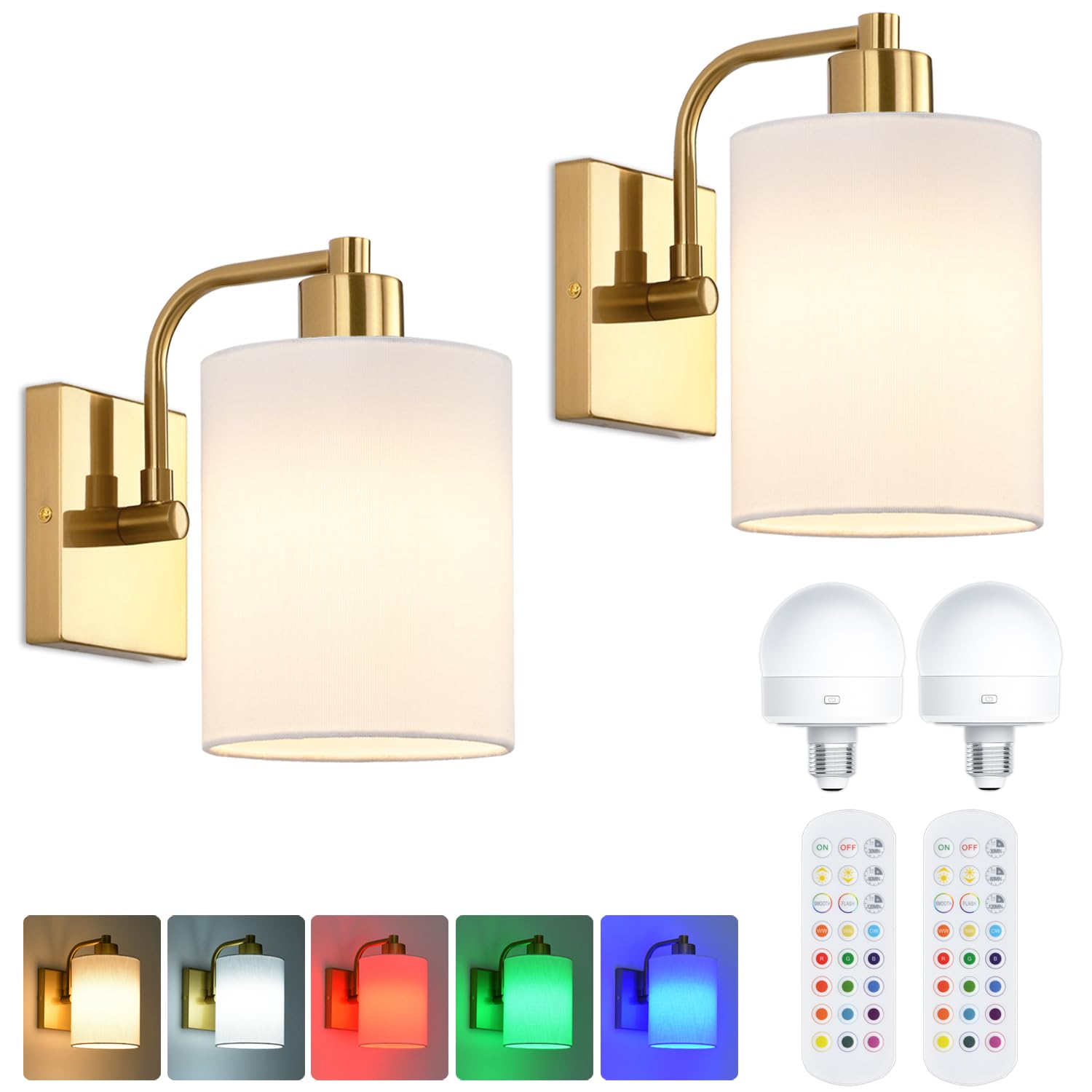 Battery Operated Wall Sconce Set of 2, Dimmable with Remote Control, 15 Colors Indoor Wireless Wall Mounted Lamp with Rechargeable Bulb, Wall Lighting for Bedroom Living Room, Gold