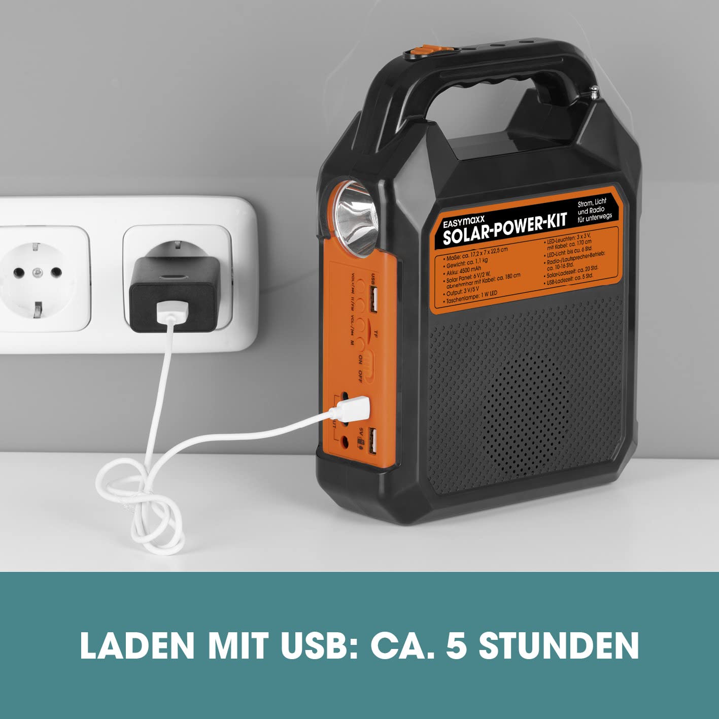 EASYmaxx Solar-Generator Kit 4500mAh | 2 Auflademodi: Solarpanel oder USB | Zum Aufladen von Handy, Powerbank, u.v.m. | Integriertes FM-Radio und Lautsprecher inkl. [Schwarz/Orange]