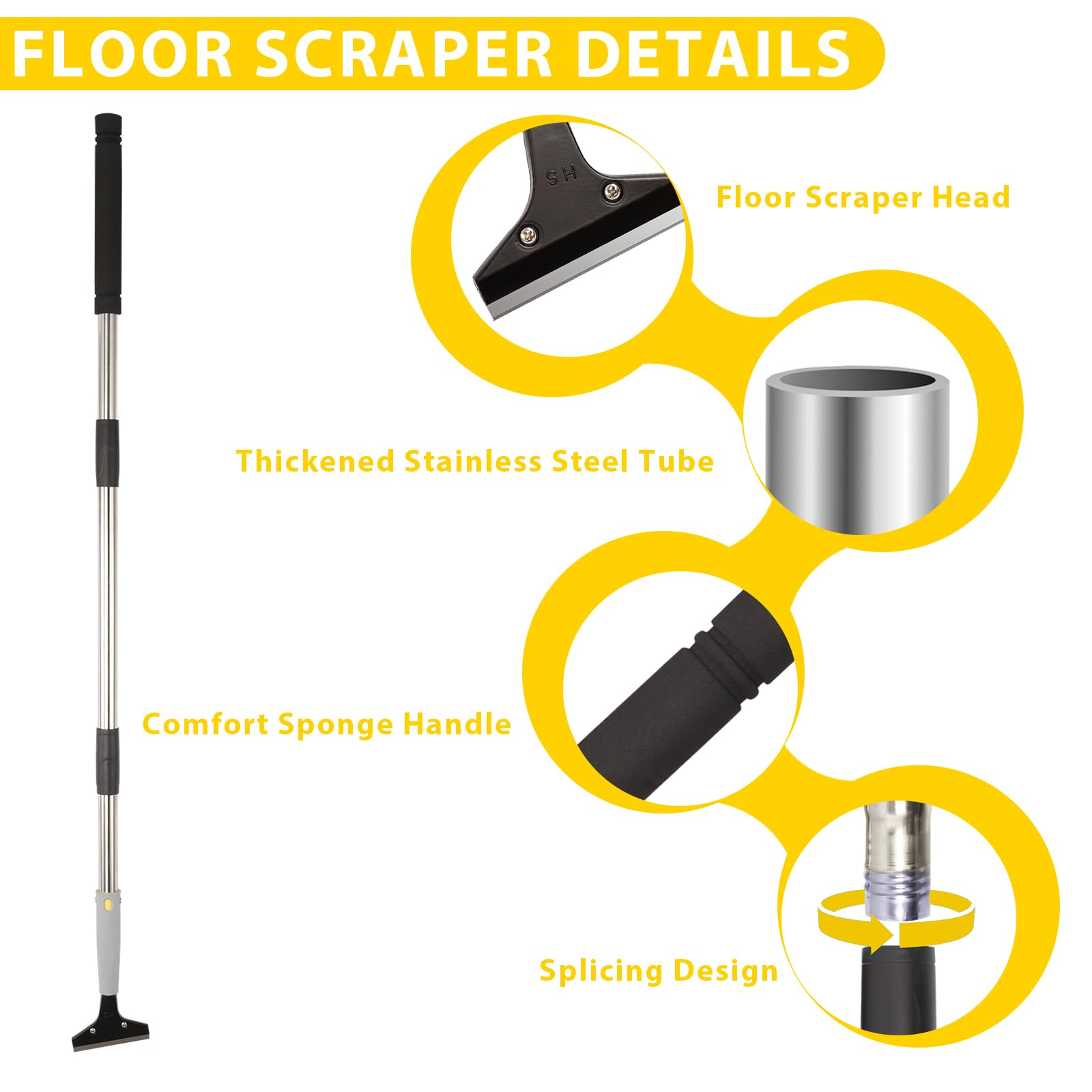 Rascador de suelo de mango largo, herramienta raspadora de suelo de metal de 4 pulgadas con 10 cuchillas de metal extra, raspador de pintura de mango largo, ideal para limpiar estufas, ventanas,