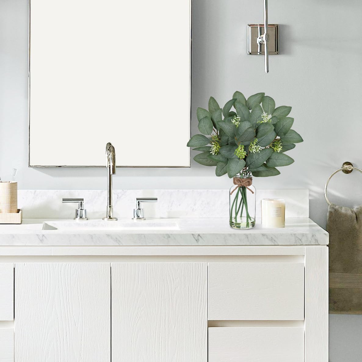 Hollyone 16.1" Artificial Eucalyptus Stems with Glass Vase with Faux Water Fake Plant Eucalyptus in Vase for Home Decor Greenery Plants Wedding Bathroom Office Table Centerpiece Shelf Decorations - Image 6