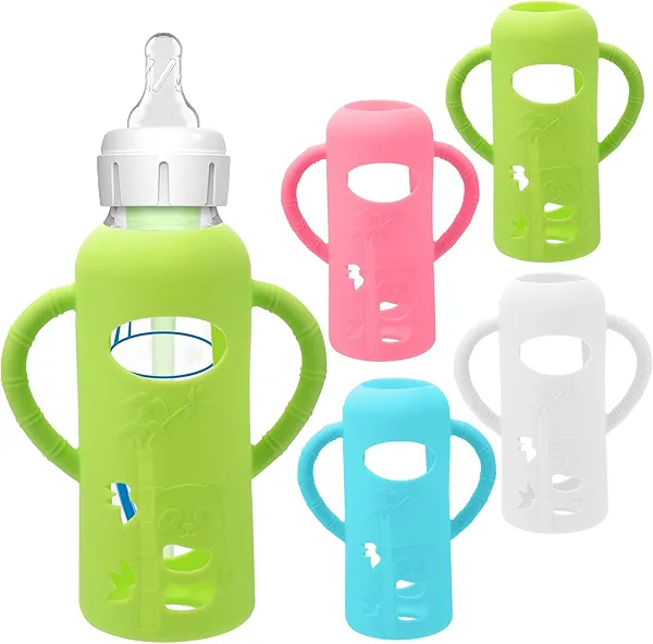 4 Pack Silicone Sleeves for Dr. Brown's Glass Baby Bottles - Drop Protection Baby Bottle Sleeves,Compatible with Dr. Brown's Newborn Glass Bottles,with Silicone Handles,8 oz
