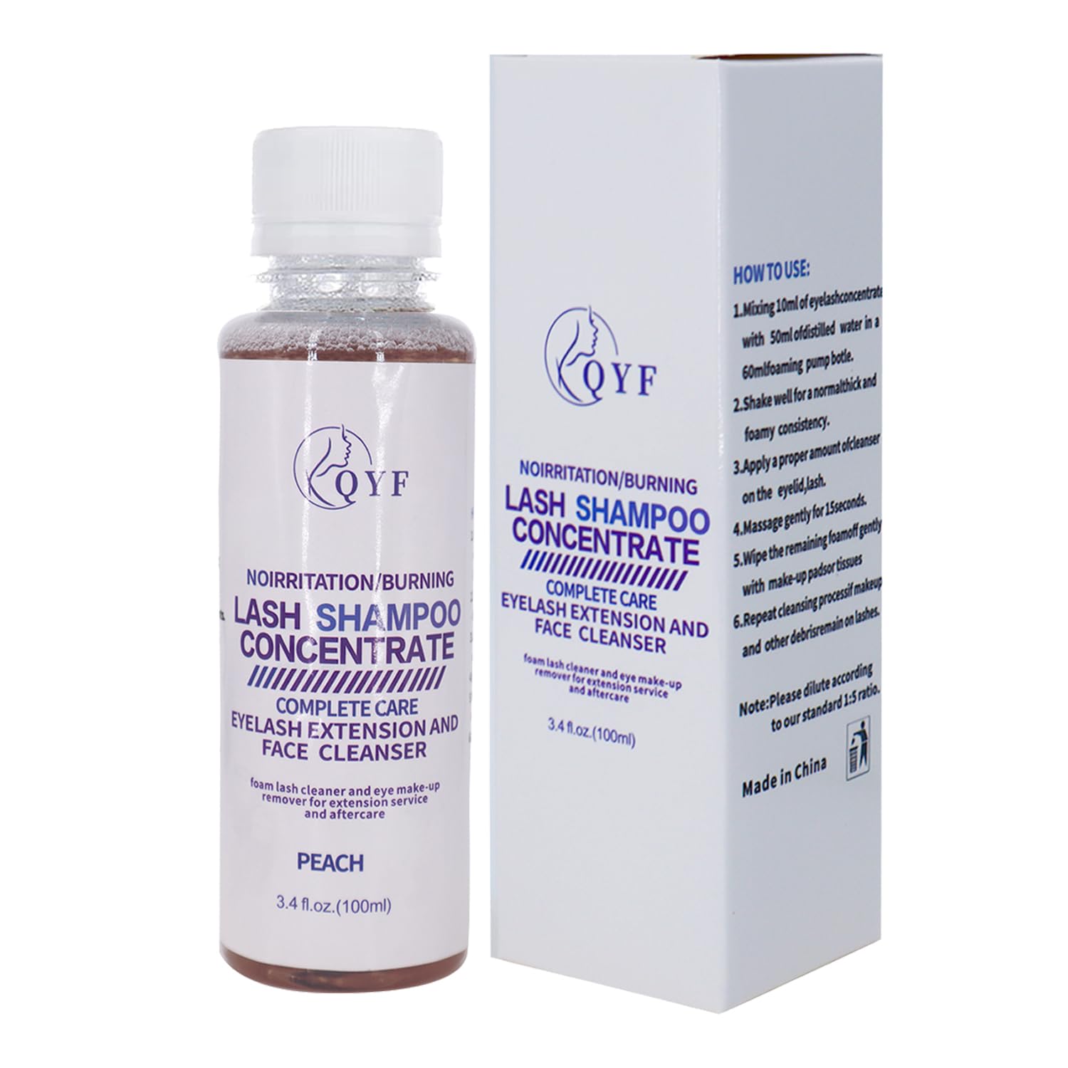 QYF Eyelash Cleanser Concentrate 100ml DIY 1:10 Makes Lash Extensions Shampoo Wash for Extensions Lashes with Salon Home Care-Makes 20 Bottles 60ml lash Shampoo (Peach)