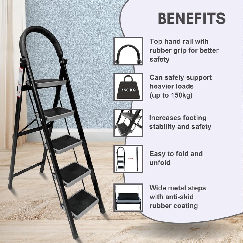 Image of TNT The Next Trend 5 Step Steel Step-Ladder for Home | Heavy Duty Foldable Ladder with Wide Ant-Slip Steps and Anti-Skid Shoes - Black
