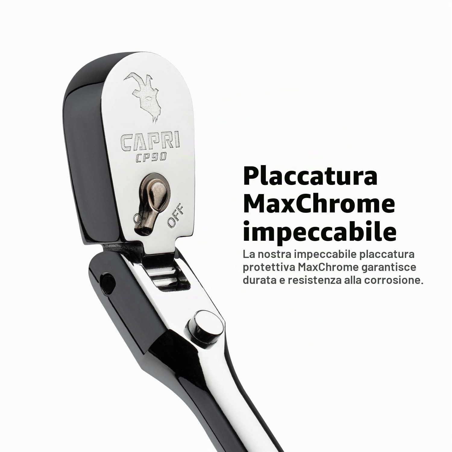 Capri Tools Set di 3 chiavi a cricchetto con testa flessibile a 90 denti, impugnatura extra lunga cromata, attacco da 1/4, 3/8, 1/2"
