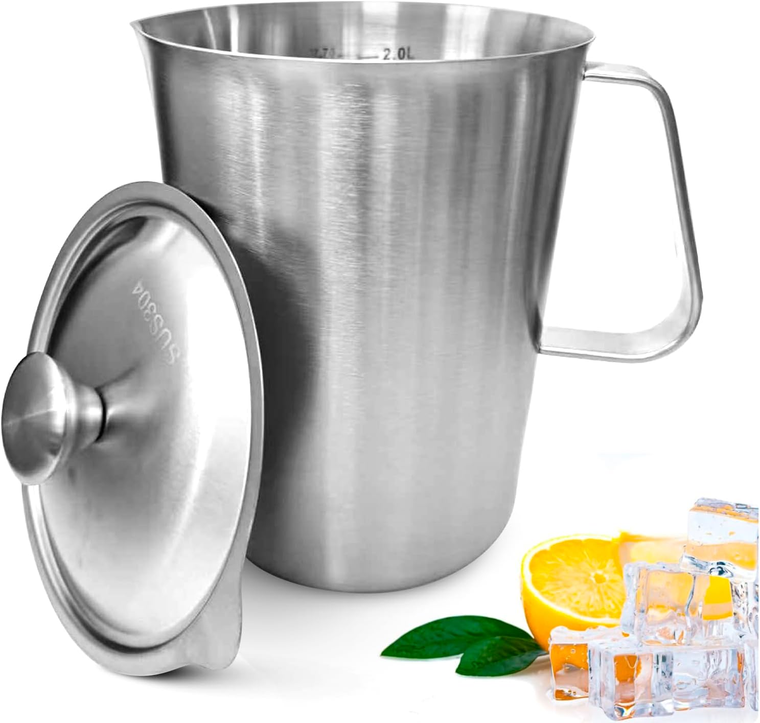 70 oz Stainless Steel Pitcher with Lid, Metal Measuring Cup with Marking with Handle, 2 L Large Mouth Graduated Beakers, Milk Frothing Jug for Espresso Machines, Latte Art, Iced Tea, Hot/Cold Water