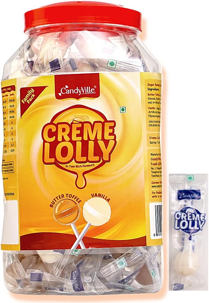 CandyVille CremeLolly Butter Toffee and Vanilla Lollipops 50 units (600g) | Rich and Creamy Lollipops for kids