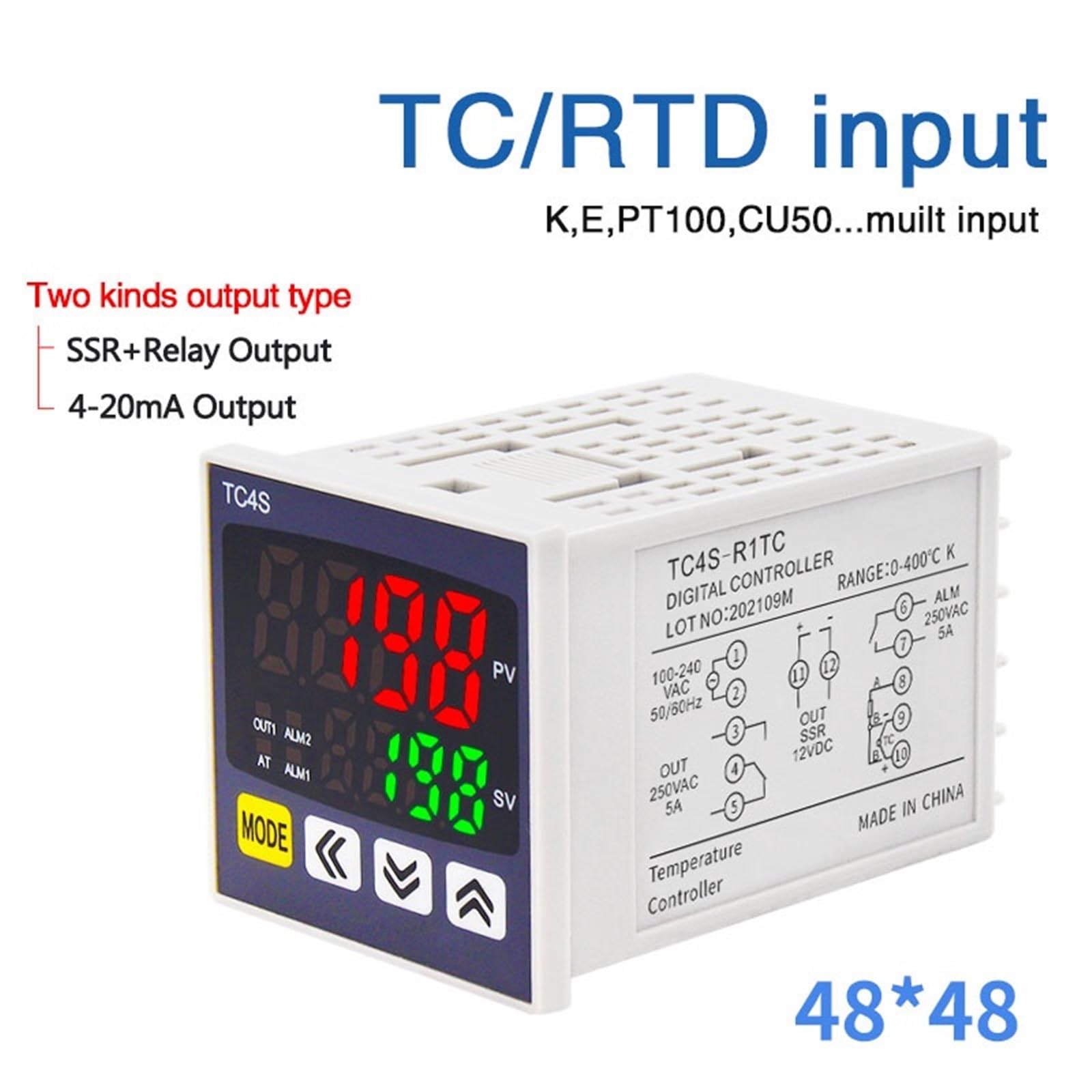 1 Uds. Controlador de temperatura PID TC4S 4-20mA SSR salida de relé regulador PID tipo K instrumento Digital de entrada múltiple 48*48(Relay OPT 2ALM)