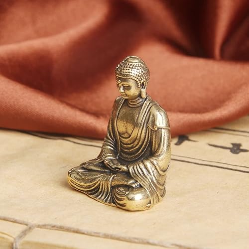 Miniatura 5 de NA - Estatua de Buda de bronce de cobre macizo, estatua en miniatura, adoración religiosa de latón, escultura de Sakyamuni, escritorio de estudio,