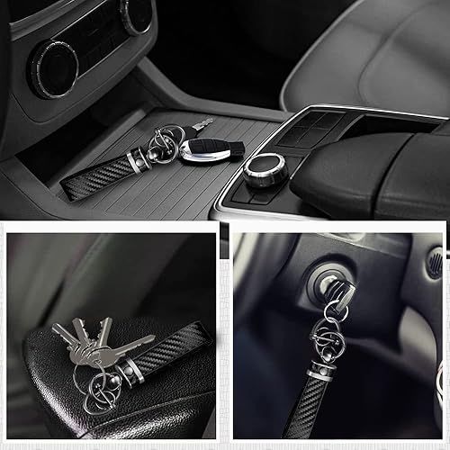 Miniatura 6 de ASUBHA Llavero de coche de fibra de carbono, llavero universal de cuero de alta calidad, giratorio de 360 grados con anillo en D antipérdida