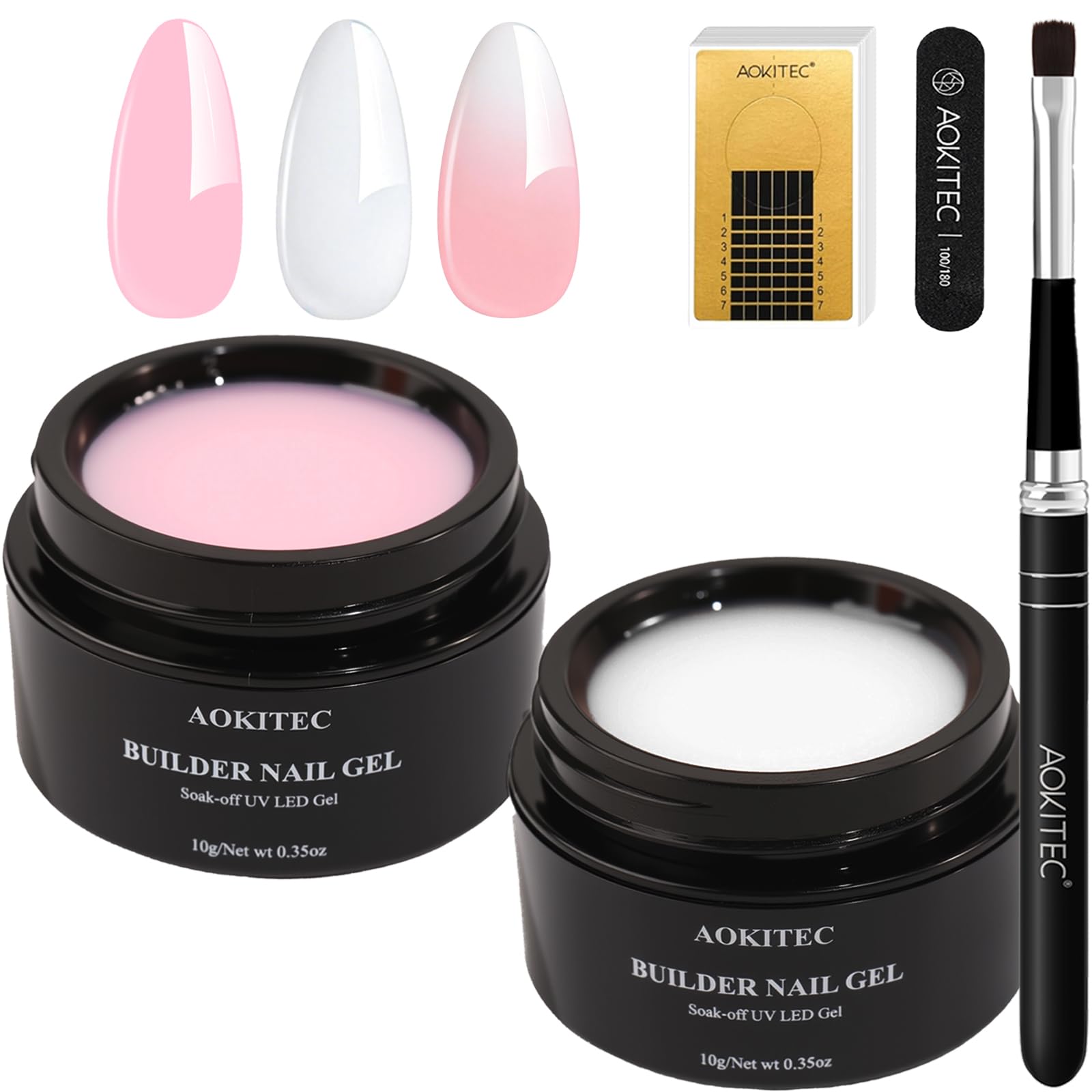 Aokitec Aufbaugel für Gelnägel Set, No File Builder Gel für Nägel, 2 Farben Weiß und Pink Rosa, Selbstglättendes Nail Gel UV, Mittelviskos Nagelgel für Anfänger Selber Machen, Verlängerung & Reparatur
