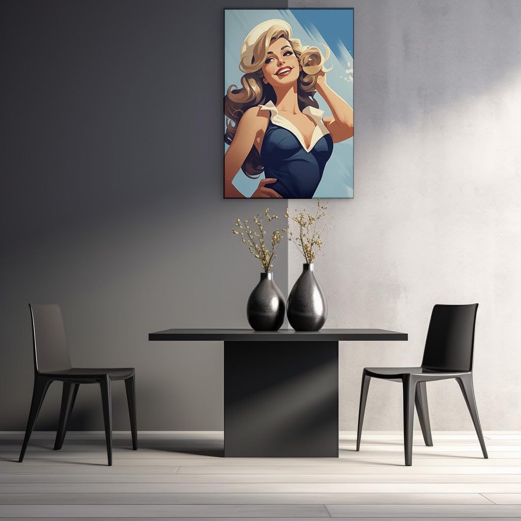 Canvas for Living room. Blonde Ambition: A Confident Beauty in Monochrome and Blue, 27 x 18 inch Canvas Wall Art - Ready to Hang - 69x46 cm (27x18 inch)