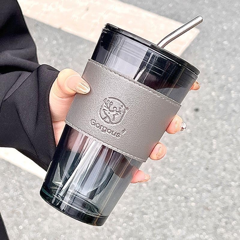 Image of ANKUL Modern Glass with Leather Sleeve Tumbler with Straw, Lid & Grip - 2 Pack - 450ml Reusable Cup for Coffee, Smoothies, Juice (2, Long Lather Grey Tumbler)