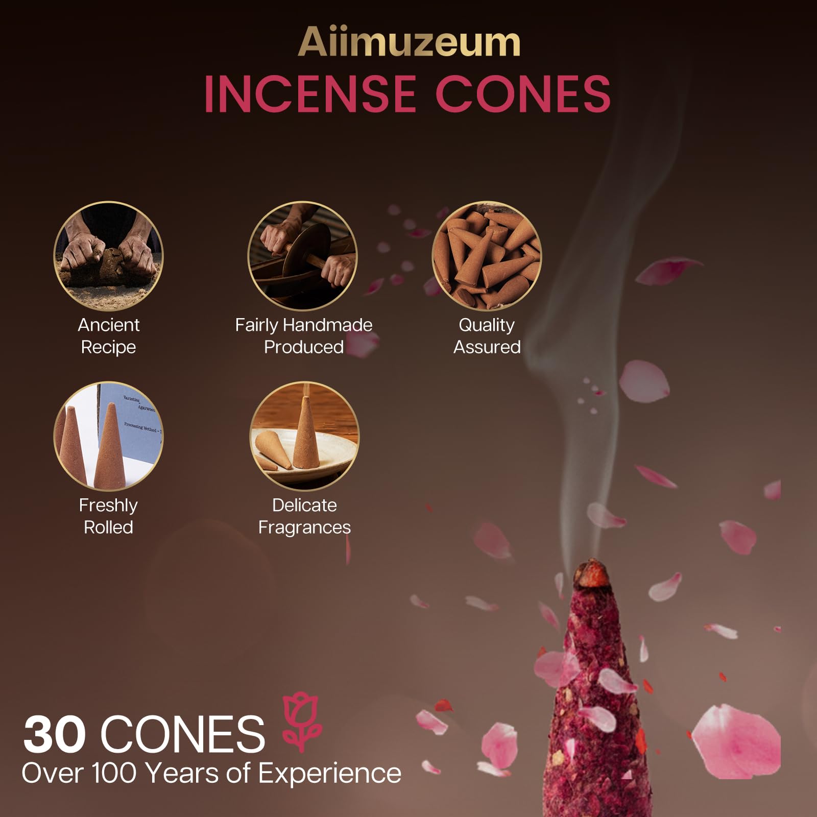 Conos de incienso de rosa natural, 30 piezas, hechos a mano, excelencia de larga duración, perfectos para relajación y meditación, habitaciones aromáticas, purificador de aire para