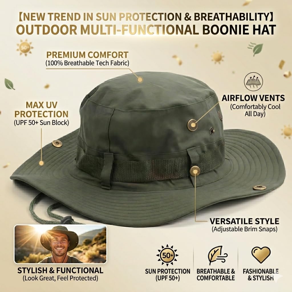 Verstellbarer Fischerhut für Herren und Damen, breite Krempe, faltbarer Safari-Sonnenhut, UV-Schutz, Dschungelhut mit Kinnriemen für Angeln, Wandern, Strand, Outdoor-Aktivitäten