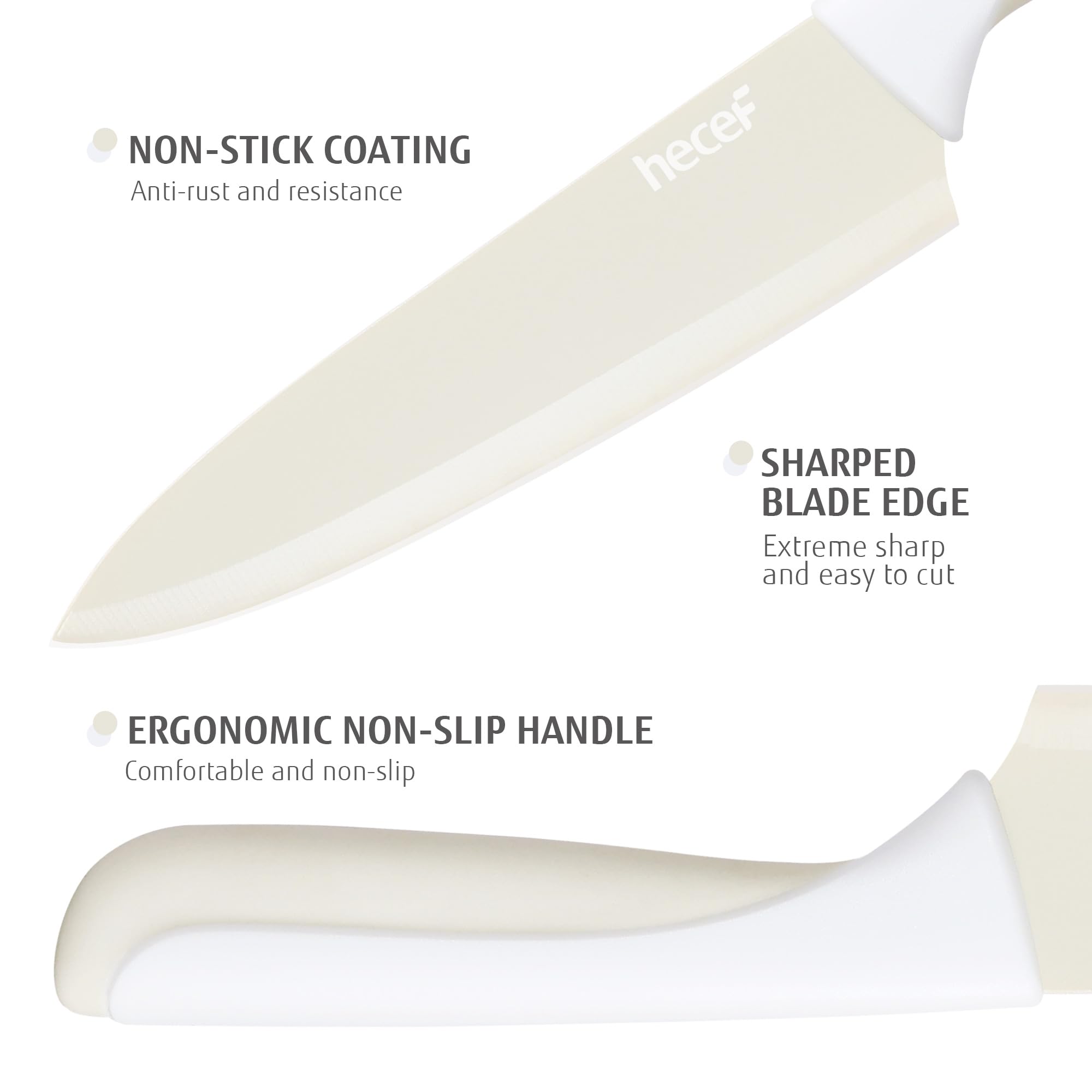 hecef Set de 14 Couteaux de Cuisine avec Bloc Aiguiseur, Revêtement Antiadhésif – Compatibles Lave-vaisselle, Manches Ergonomiques, Gain de Place, Idéal pour Cadeau ou Cuisine Moderne (Crème)