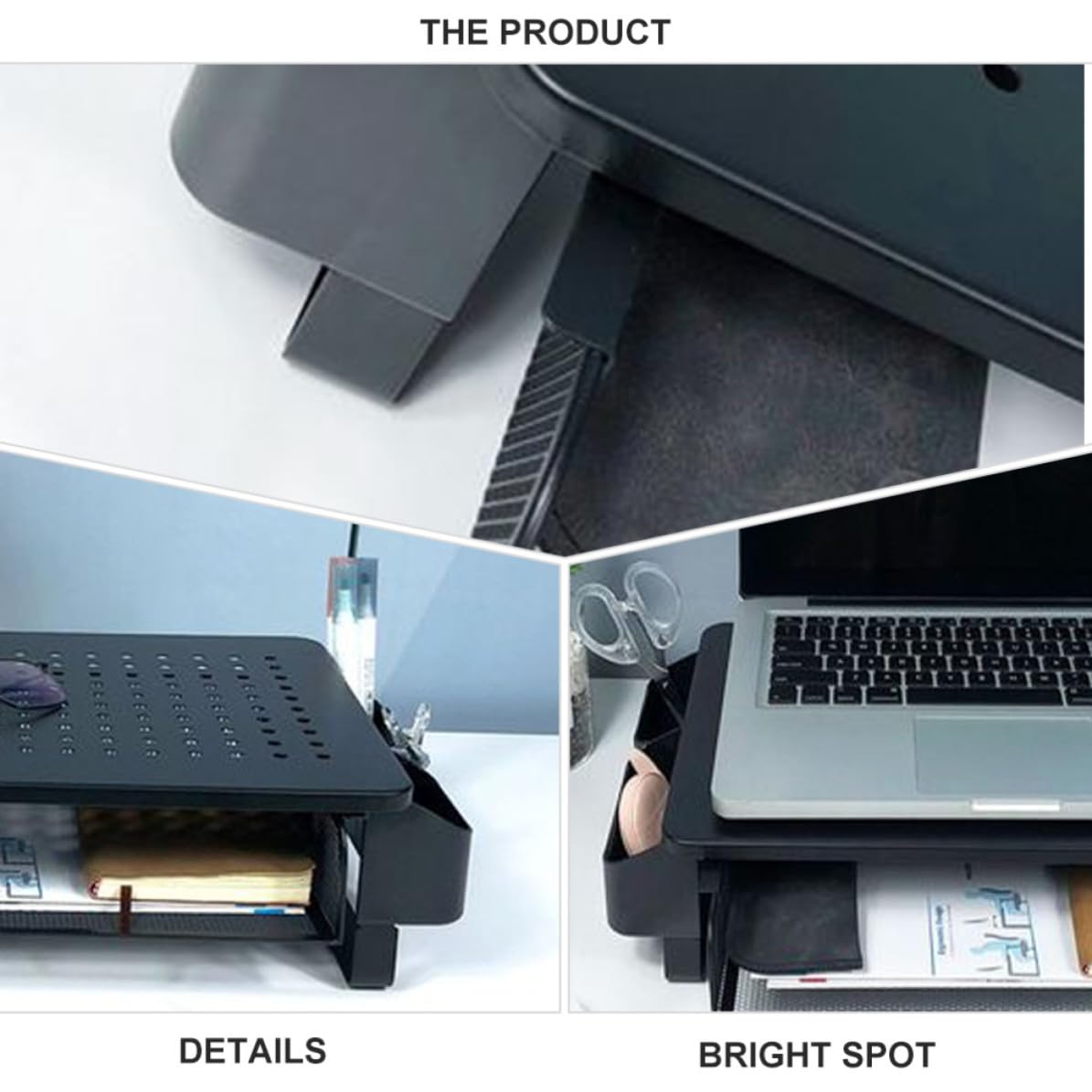 Rehausseur D'écran en Fer Noir Panneau Multi-trous et Rangement Clavier