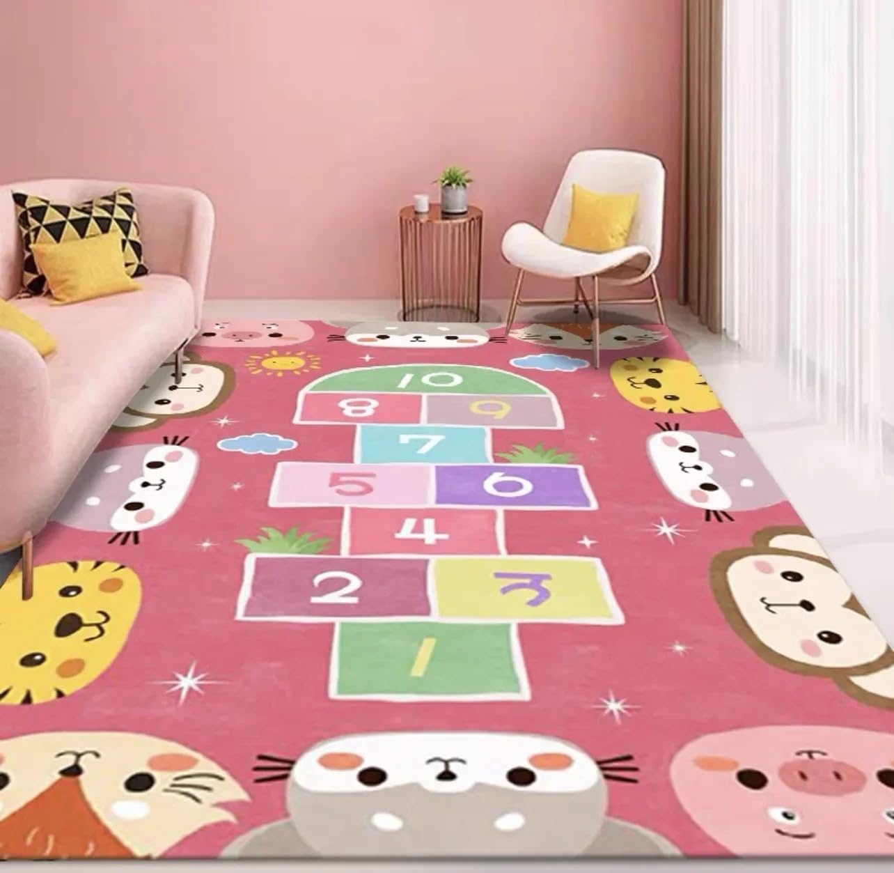 Tapis de marelle de dessin animé rose antidérapant pour chambre d'enfant, table d'étude, tapis de chaise et de jardin d'enfants, tapis de sol pour jeux d'enfants (200 x 300 cm)