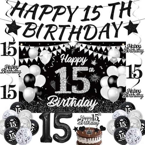 15th Birthday Decorations Boy Black - 30 Pcs Silver Party Decorations including Happy 15th Birthday Banner Backdrop Hanging Swirls and Number 15 Balloon for Boys 15 Years Old Party Supplies